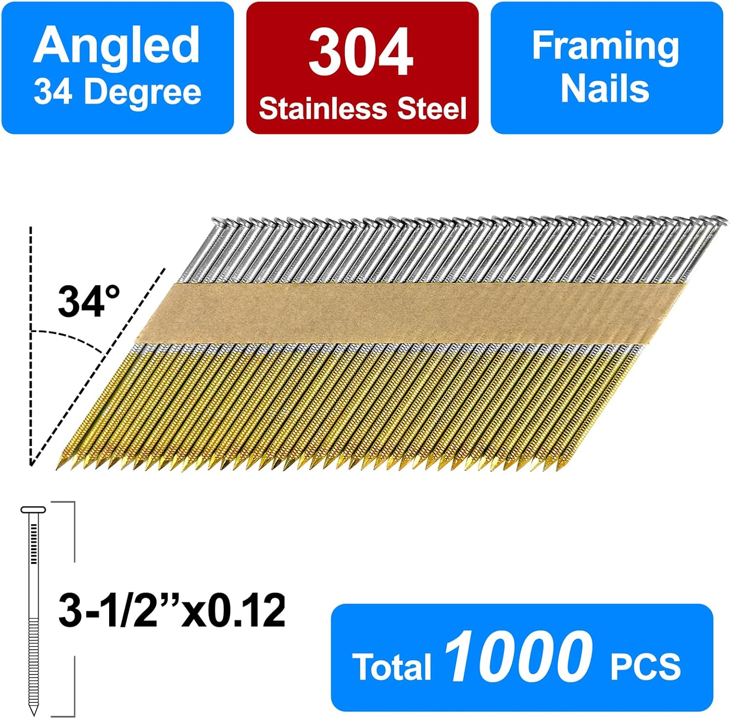 34-30 Degree Framing Nails 304 Stainless Steel D Head 3-1/2' Ring Shank Paper Tape Strip Nails 1000 PCS for 30 to 34 Degree Framing Nailer