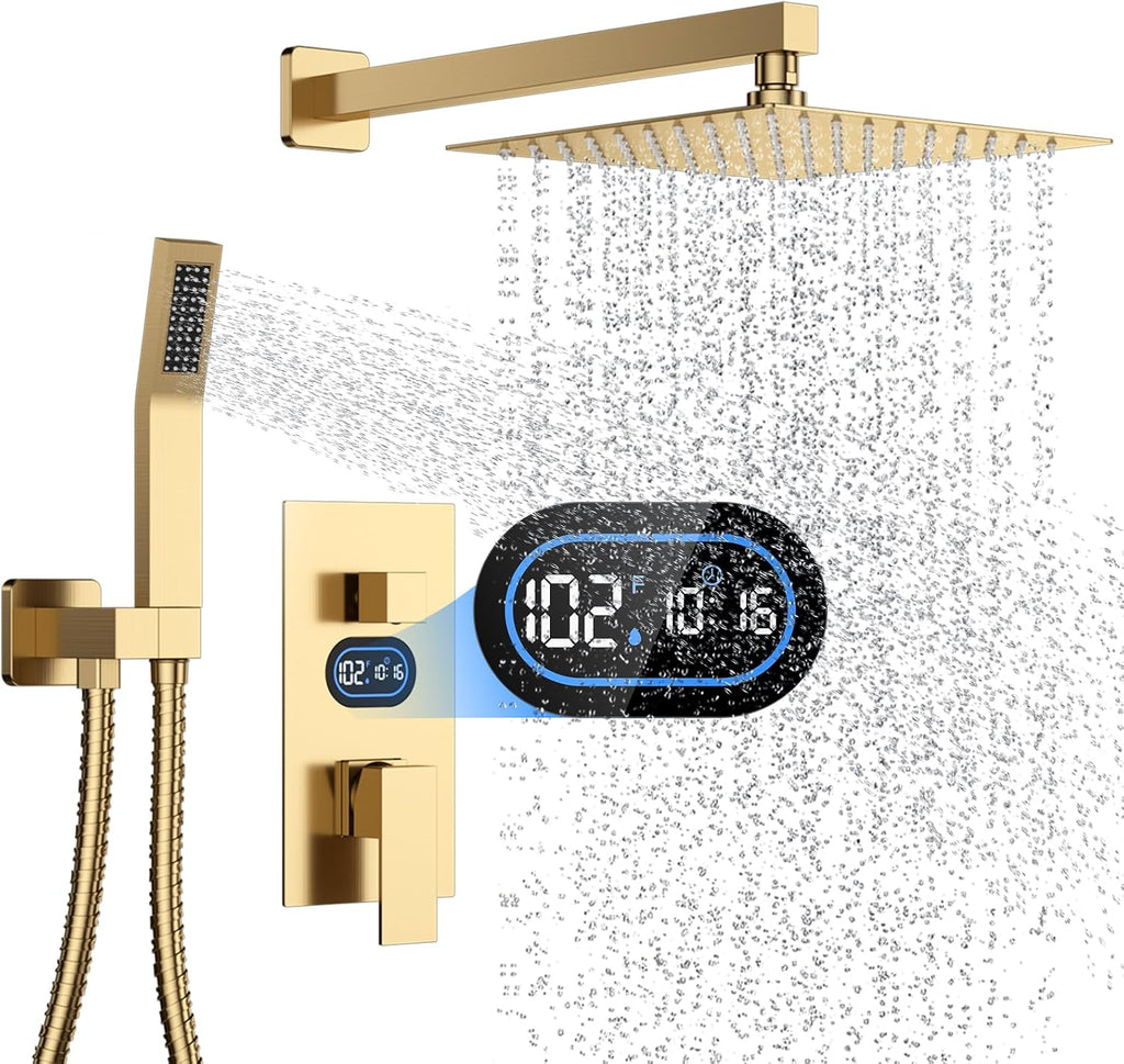 Shower Faucet Set with Hydro Power Temperature Display, Shower System Bathroom 12 Inches Shower Head with Handheld Spray, Wall Mounted Shower Fixtures with Shower Valve and Trim Kit, Brushed Gold