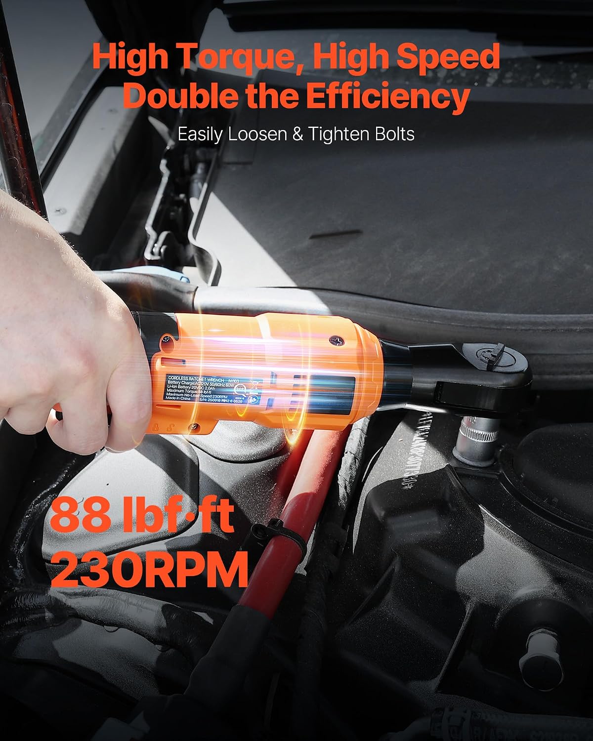 VEVOR Cordless Ratchet Wrench, 3/8 inch Drive, 230 RPM, up to 88 ft-lbs of Torque, Battery Powered Electric Ratchet Wrench Set with Two 2.0Ah Batteries, Charger, Sockets, Adaptors and Cloth Bag