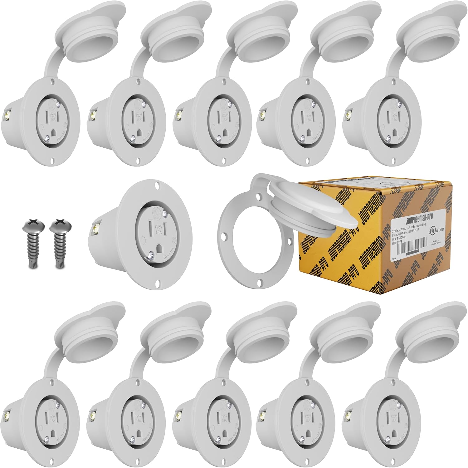 Journeyman-Pro 5279 Flanged Outlet Receptacle - 15 Amp 125 Volt NEMA 5-15, Commercial Grade Electrical Outlet, 2-Pole 3-Wire Straight Blade Plug, cUL Listed, 10-14 AWG, 10-Pack w/ Front Cover Only