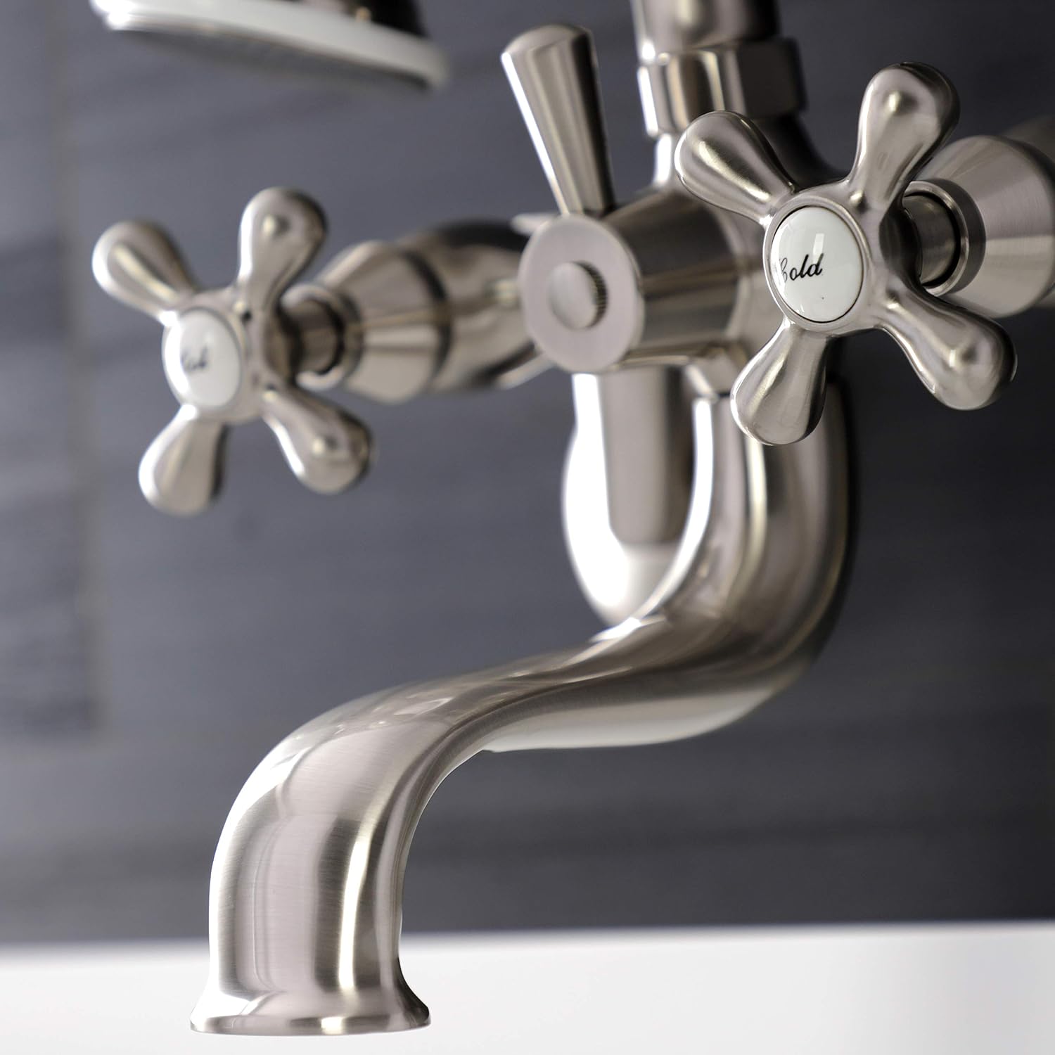 Kingston Brass KS226SN Kingston Wall Mount Tub Faucet with Hand Shower, Brushed Nickel