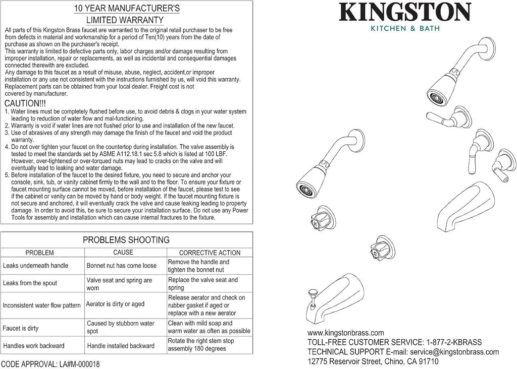 Kingston Brass KB235AX Tub and Shower Faucet with 3-Cross Handle, Oil Rubbed Bronze,5-Inch Spout Reach