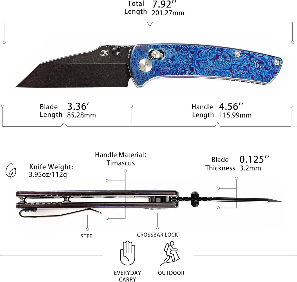 KANSEPT Elite Main Street Pocket Knife, 3.36'' Blackwash 20CV Sharp Tanto Blade, Timascus Handle with Axis Lock and Thumb Stud, Perfect Clip for EDC, Camping Survival Folding knives K1015M1