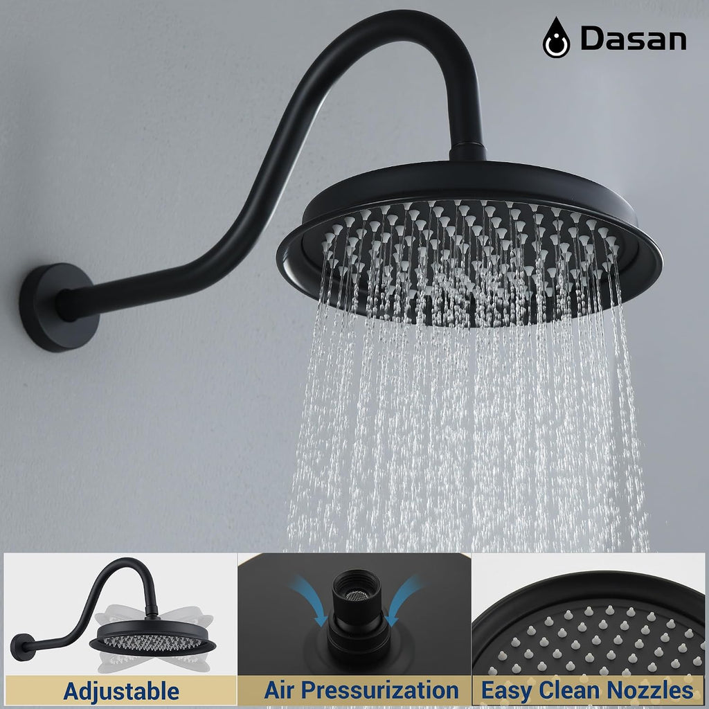 DASAN Matte Black Shower System with Tub Spout, Tub and Shower Faucet Combo Set with Valve & Trim Kit Bathtub Shower Faucet Set Bathtub Shower System with Rainfall Shower Head & Handheld, AT309W-MB