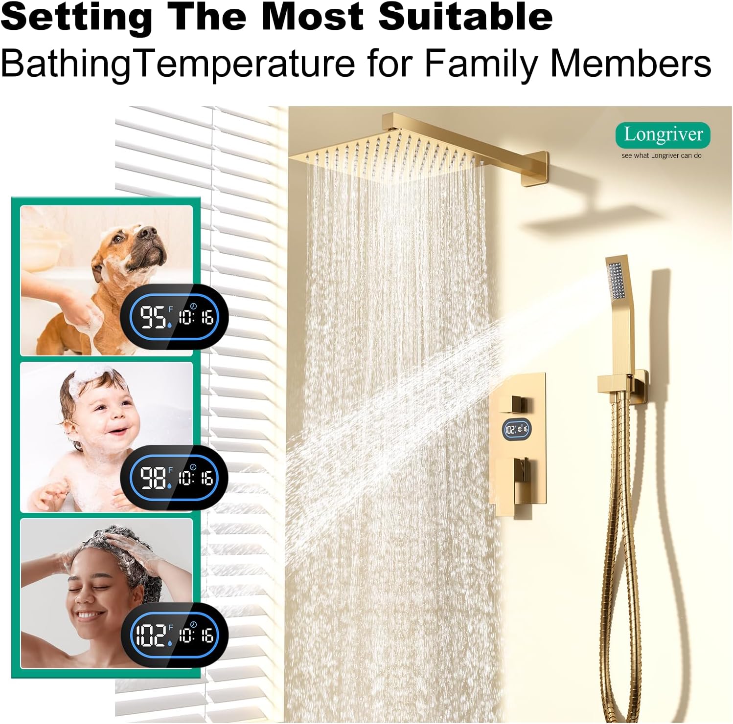 Shower Faucet Set with Hydro Power Temperature Display, Shower System Bathroom 12 Inches Shower Head with Handheld Spray, Wall Mounted Shower Fixtures with Shower Valve and Trim Kit, Brushed Gold