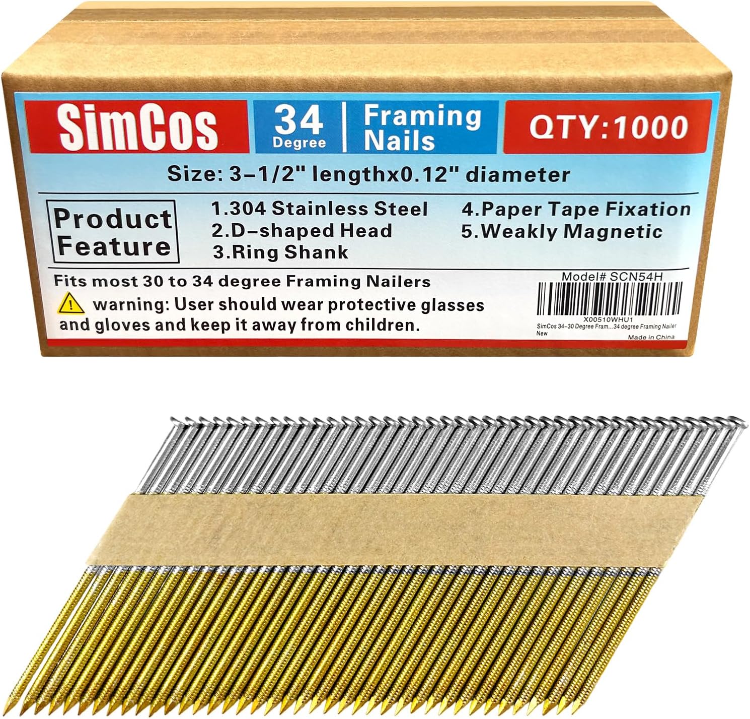 34-30 Degree Framing Nails 304 Stainless Steel D Head 3-1/2' Ring Shank Paper Tape Strip Nails 1000 PCS for 30 to 34 Degree Framing Nailer