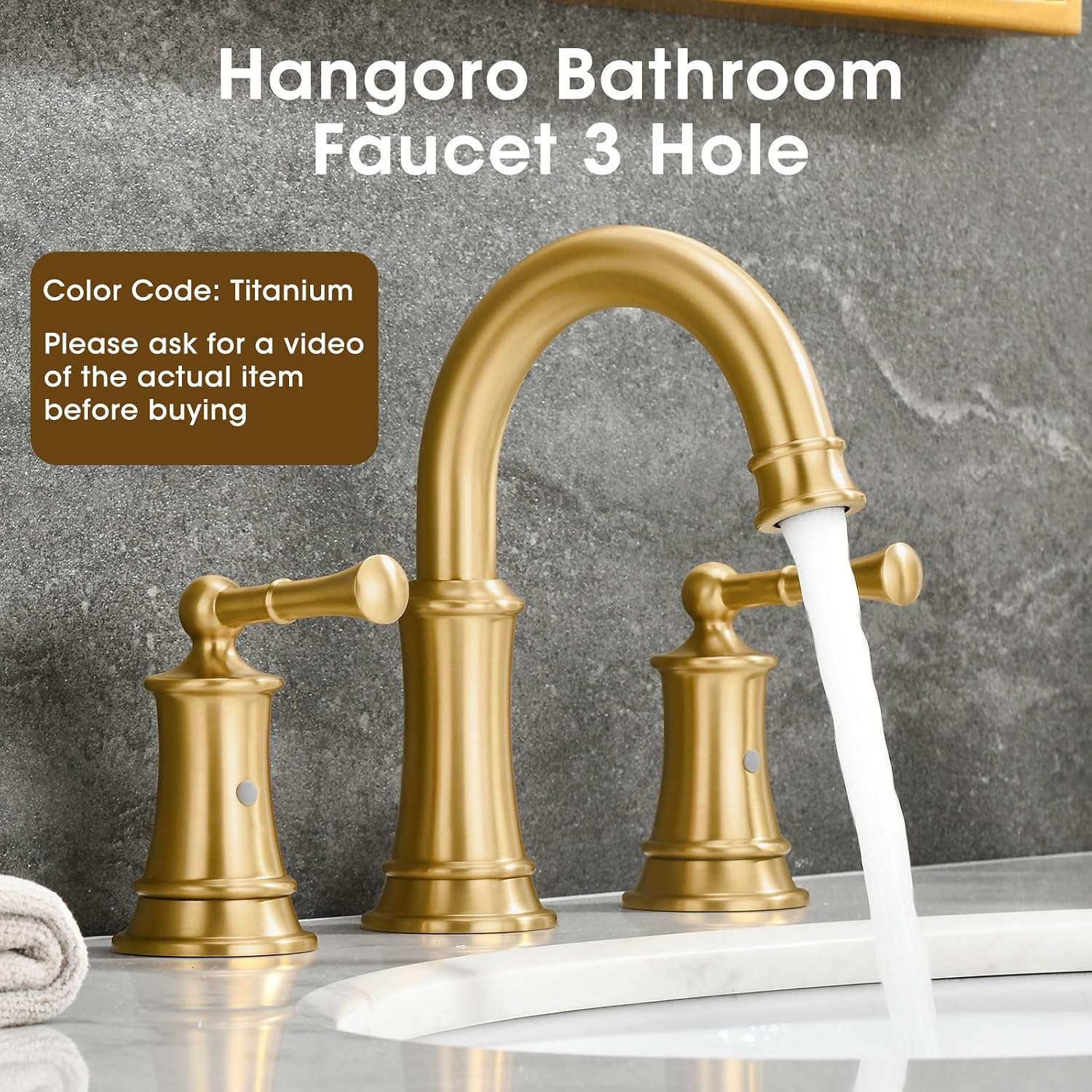 Brushed Gold Bathroom Faucet 8 Inch, Brass Bathroom Faucet, 3 Hole Gold Bathroom Faucet with Pop-Up Drain and 2 Supply Hoses for Vanity, Lavatory, RV Farmhouse (L2304-BG)