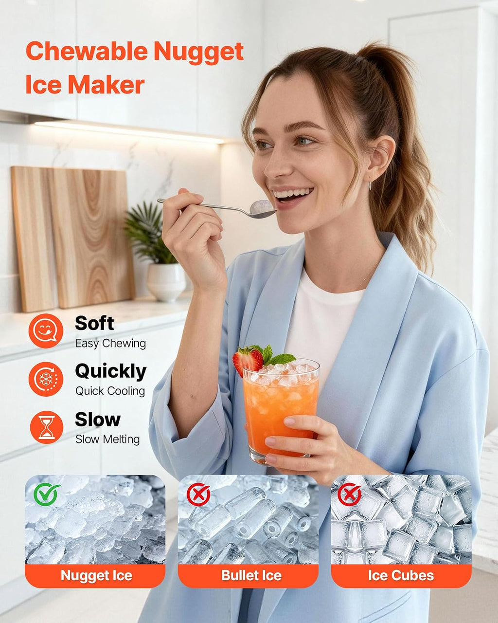 VEVOR Countertop Ice Maker, 33 lbs per Day, Self-Cleaning Portable Machine with Scoop, Drawer-Style Ice Access, Nugget Ice-Making Machine with Chewable ICES for Home, Kitchen, Office, Bar & Party