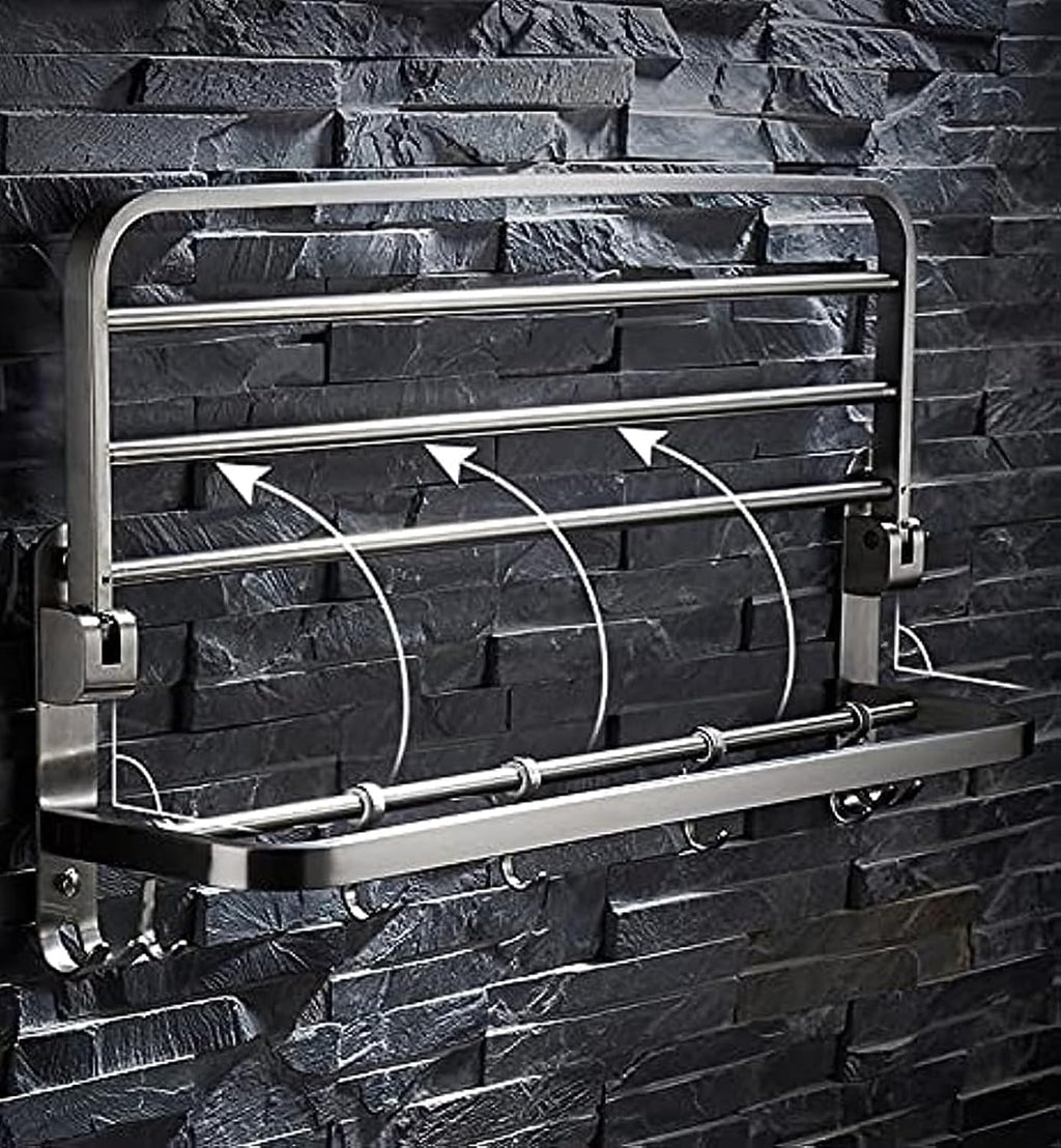 Double Towel Rack with Hook in Bathroom, Wall Mounted, Multifunctional, Foldable Double Layer Rack, Brushed Nickel 304 Stainless Steel (Color: Silver, Size: 60cm) (Color : Silver, Size : 50cm)