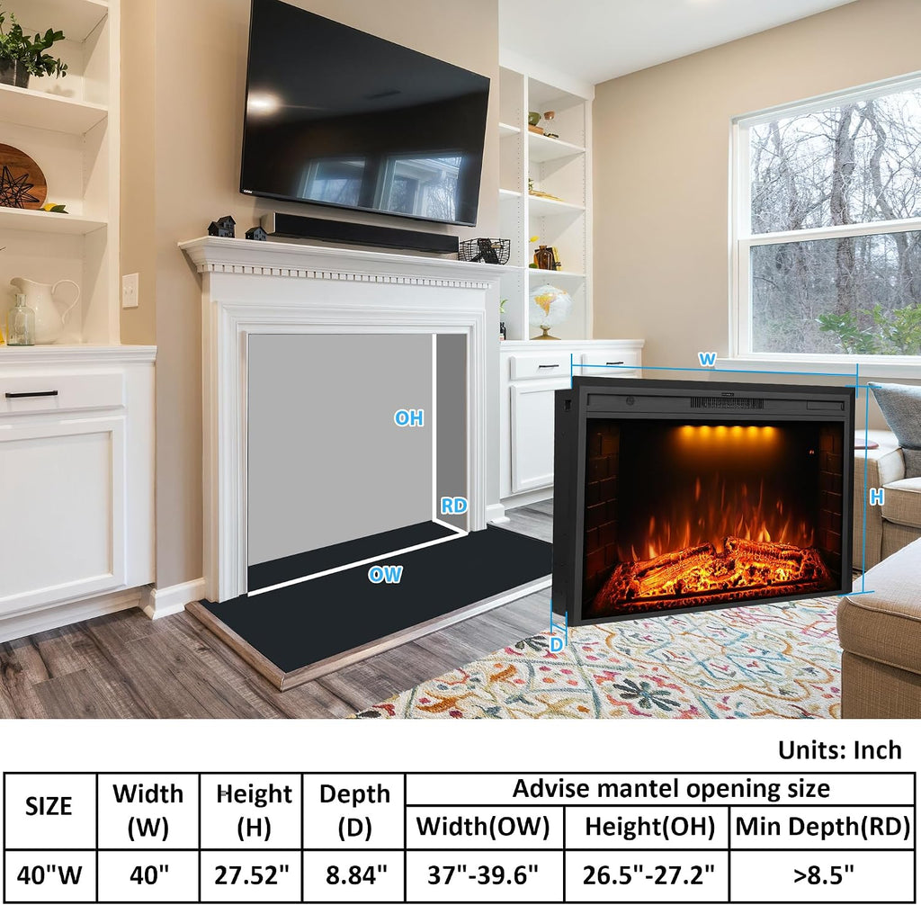 40 inch Wide Electric Fireplace, Wall Fireplace Electric with Remote Control, Realistic Log and Crackling Sound, Overheating Protection and Timer,750/1500W Black