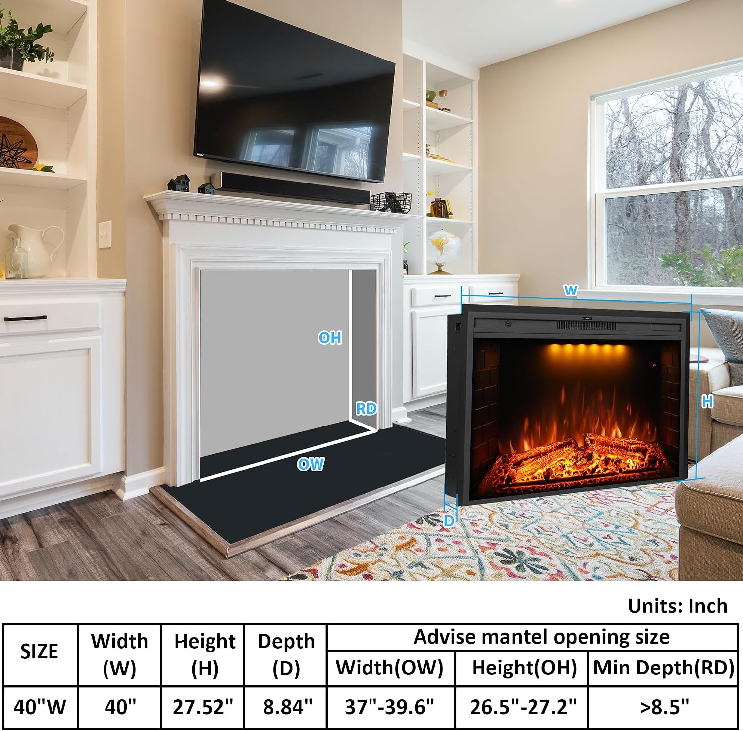 40 inch Wide Electric Fireplace, Wall Fireplace Electric with Remote Control, Realistic Log and Crackling Sound, Overheating Protection and Timer,750/1500W Black