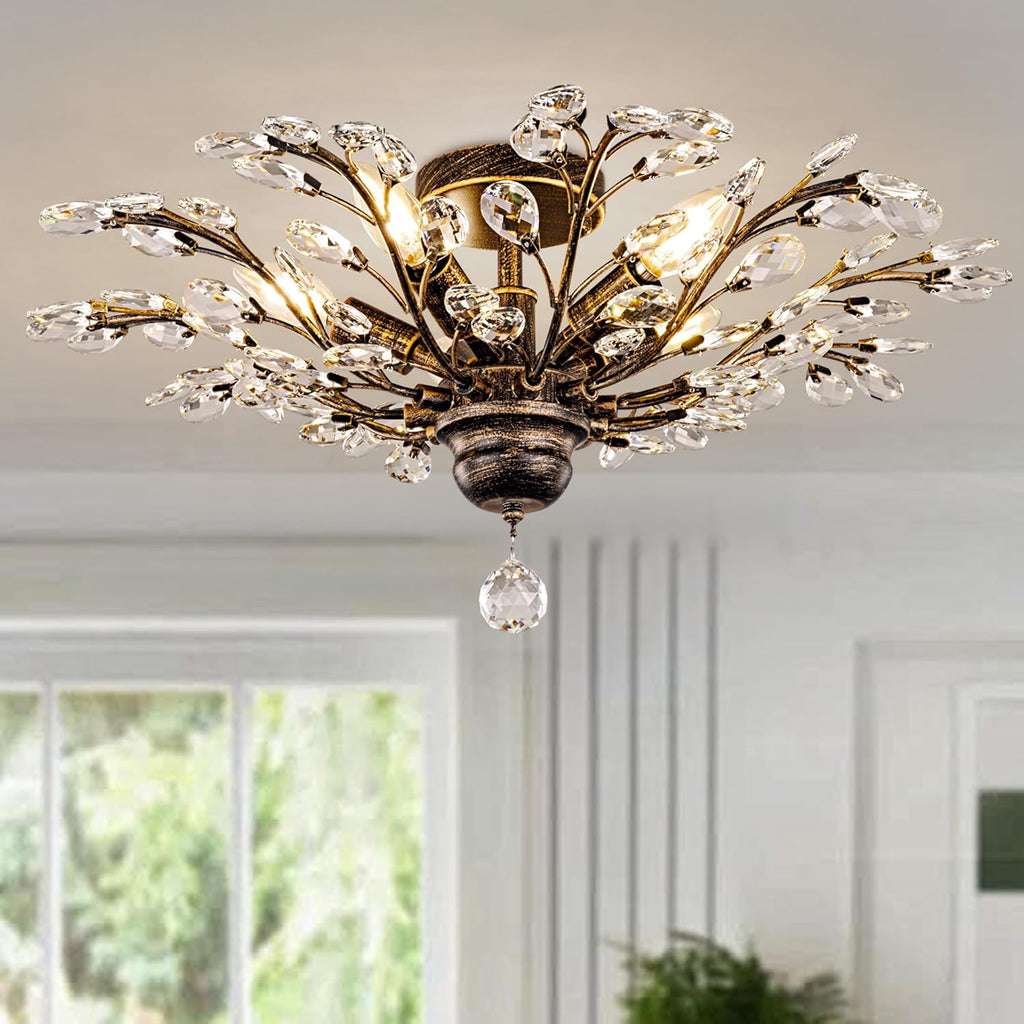 Wellmet Vintage Crystal Ceiling Light Fixture, 5 Lights Bronze Semi Flush Mount Ceiling Light Fixture, Modern Farmhouse Chandelier for Dining Room, Bedroom, Bathroom, Entryway, Hallway, W-24in