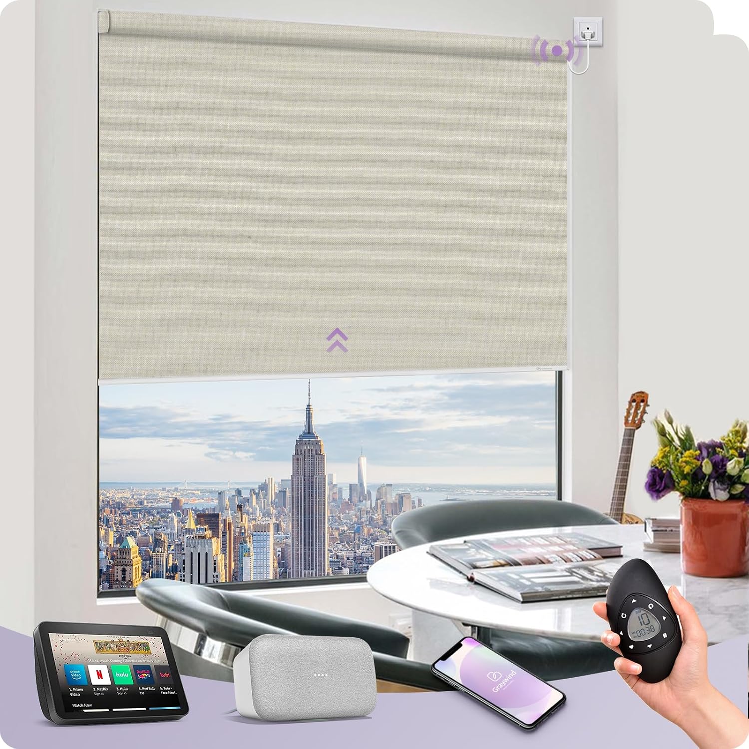 Graywind Smart Blackout Roller Shades Work with Alexa Google WiFi Hardwired Triple Weaved Fabric Motorized Blinds Remote Window Shades, Custom Size (Beige White)