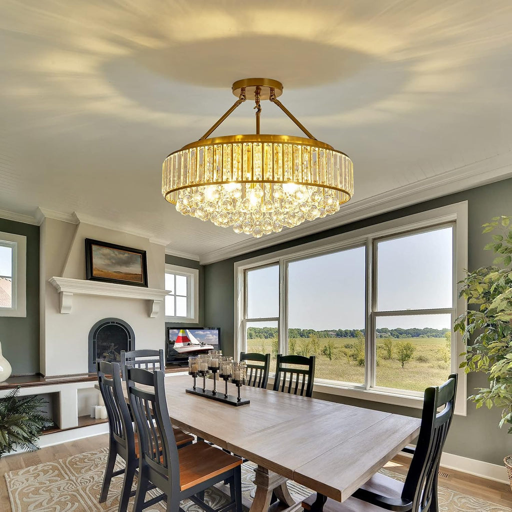 YYJLX 6-Light Modern Large Crystal Chandelier Gold Metal E26 Semi Flush Mount Round Ceiling Light Fixture Ceiling Lamp Farmhouse for Dining Room Living Room Laundry Room Foyer Kitchen Bedroom