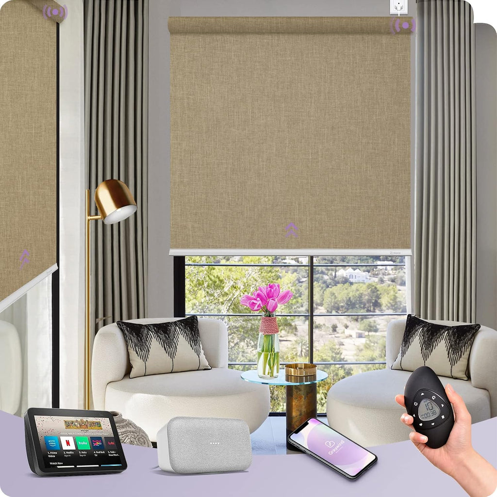 Graywind Motorized Shades 100% Blackout Work with Alexa Google Smart Home Control Build-in Hardwired Window Shades Thermal Insulated Window Blinds, Customized Size (Coffee)
