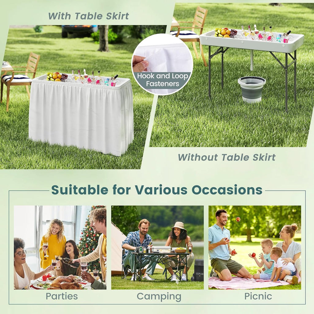 4 Foot Folding Ice Cooler Table, Portable Ice Tables for Parties with Drain, Detachable Matching Skirt & Foldable Bucket, Fill and Chill Table for Party, Picnic, Camping, Wedding, White