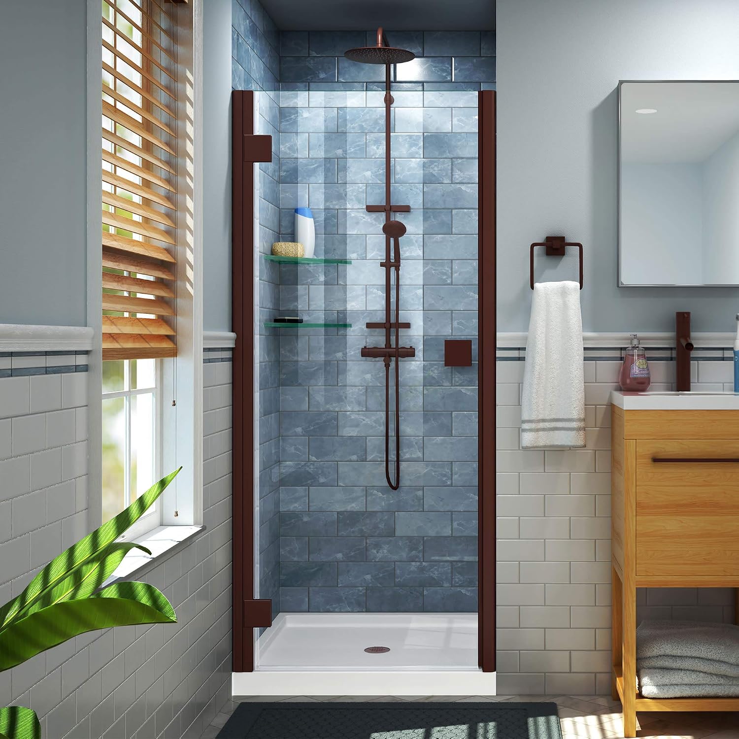 DreamLine Lumen 34 - 35 inch W x 72 inch H Semi-Frameless Hinged Shower Door in Oil Rubbed Bronze