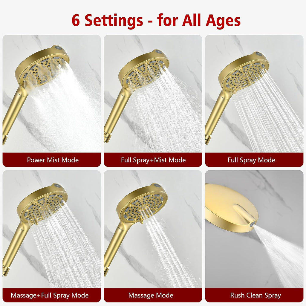 SUMERAIN Brushed Gold Shower System with 6-Spray Handheld Filtered Shower Head, Shower Faucet Set with High Flow Tub Spout