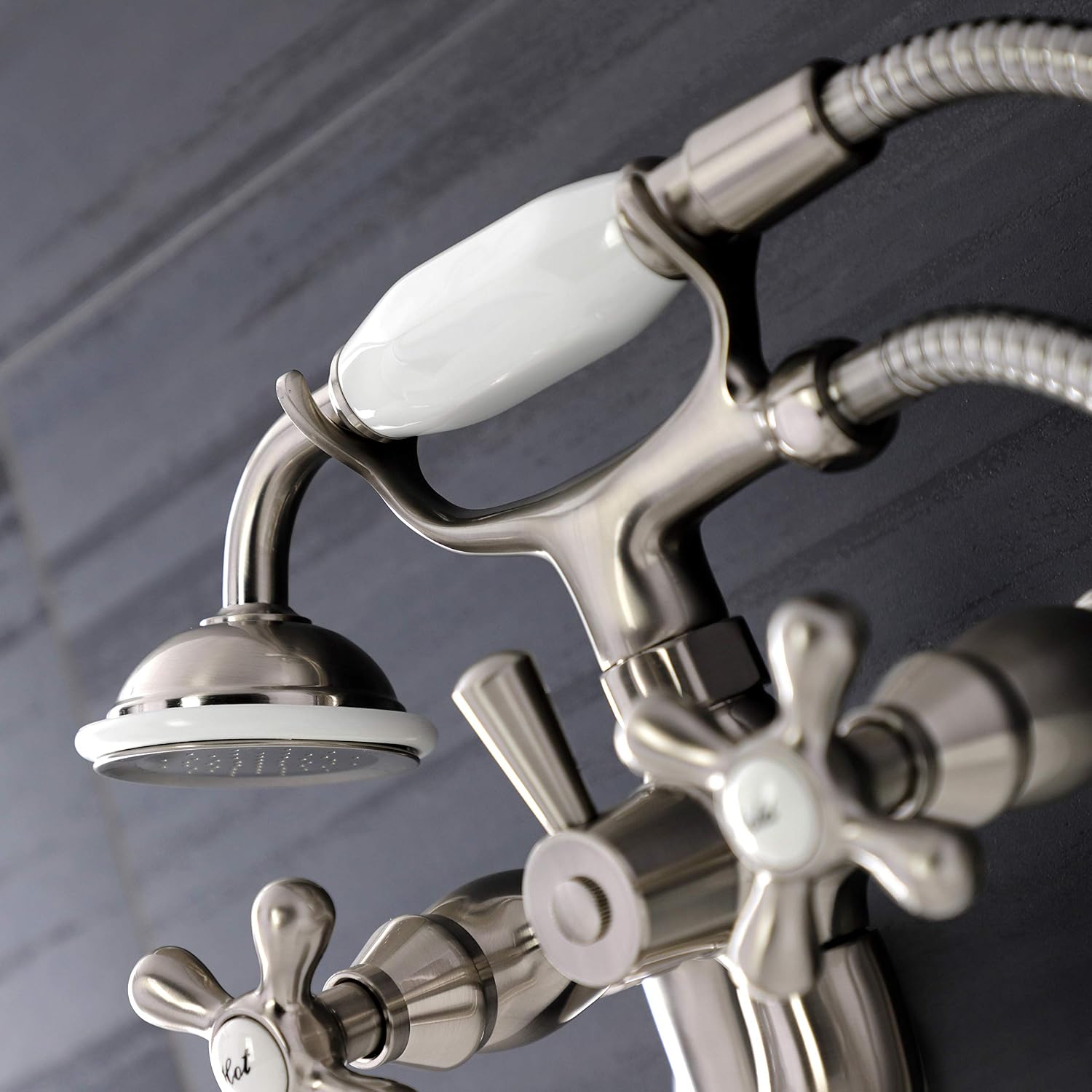 Kingston Brass KS226SN Kingston Wall Mount Tub Faucet with Hand Shower, Brushed Nickel