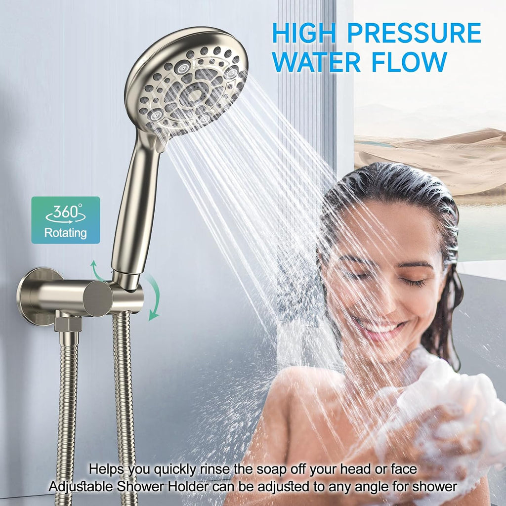 EMBATHER Shower Faucet Sets - Overhead Rain Head Shower System with High Pressure Handheld Complete Combo and Mixer Valve Trim Kit - Brushed Nickel Rainfall Shower Fixture for Luxury Bathroom