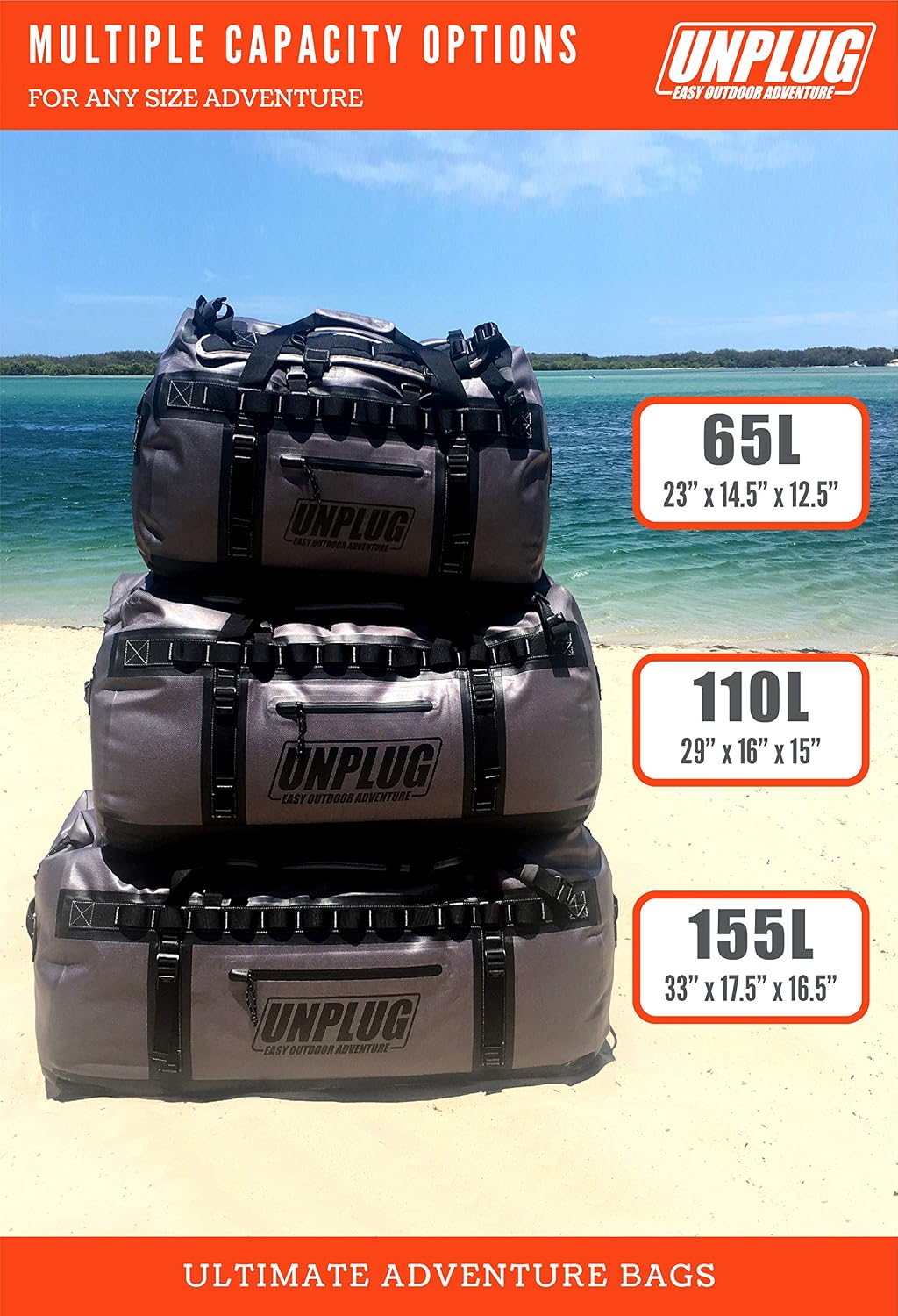 UNPLUG Ultimate Adventure | 1680D Heavy Duty Waterproof Bag | Large Travel Bag which can be Used for Camping, Motorcycling, Boating, or Hunting|110L Storm Grey