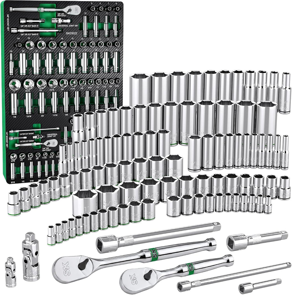SK 1/4' & 3/8' Drive Socket Set with 90-Tooth Ratchet, 105-Piece, SAE & Metric, SuperKrome Finish, Premium CR-V Construction, with EVA Foam Tool Organizer