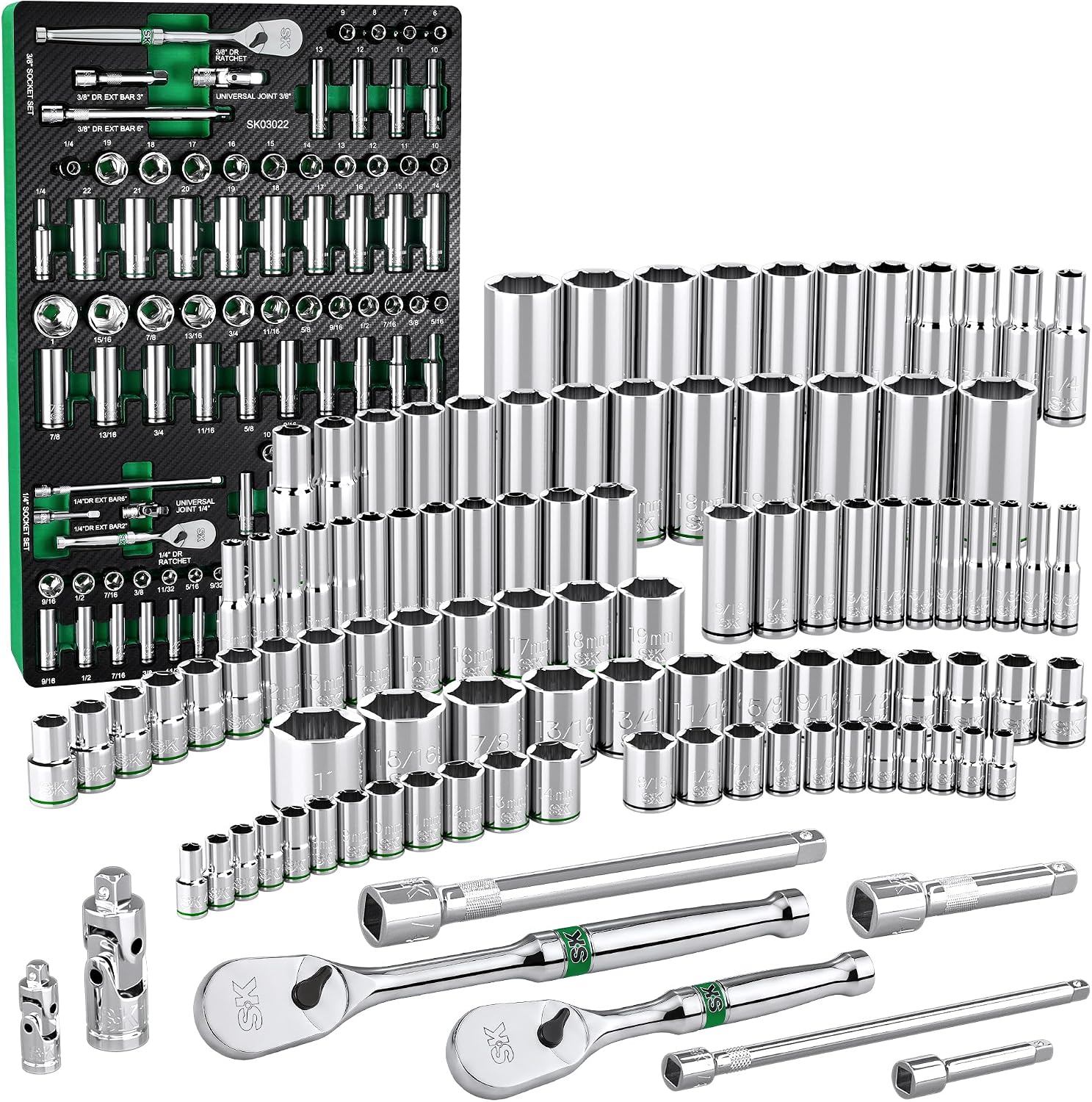 SK 1/4' & 3/8' Drive Socket Set with 90-Tooth Ratchet, 105-Piece, SAE & Metric, SuperKrome Finish, Premium CR-V Construction, with EVA Foam Tool Organizer