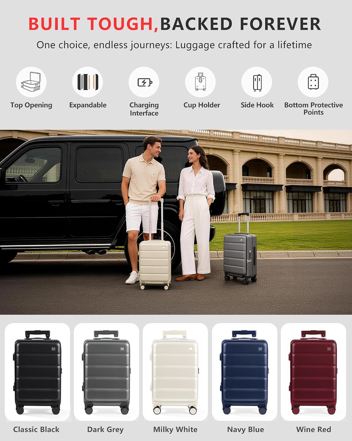 Expandable 20Inch Carry On Luggage Airline Approved - Top Opening Hardside Travel Suitcase Unbreakable -with Cup Holder,USB Charge,Side Pothook, 360°Spinner Wheels, TSA Lock-Black