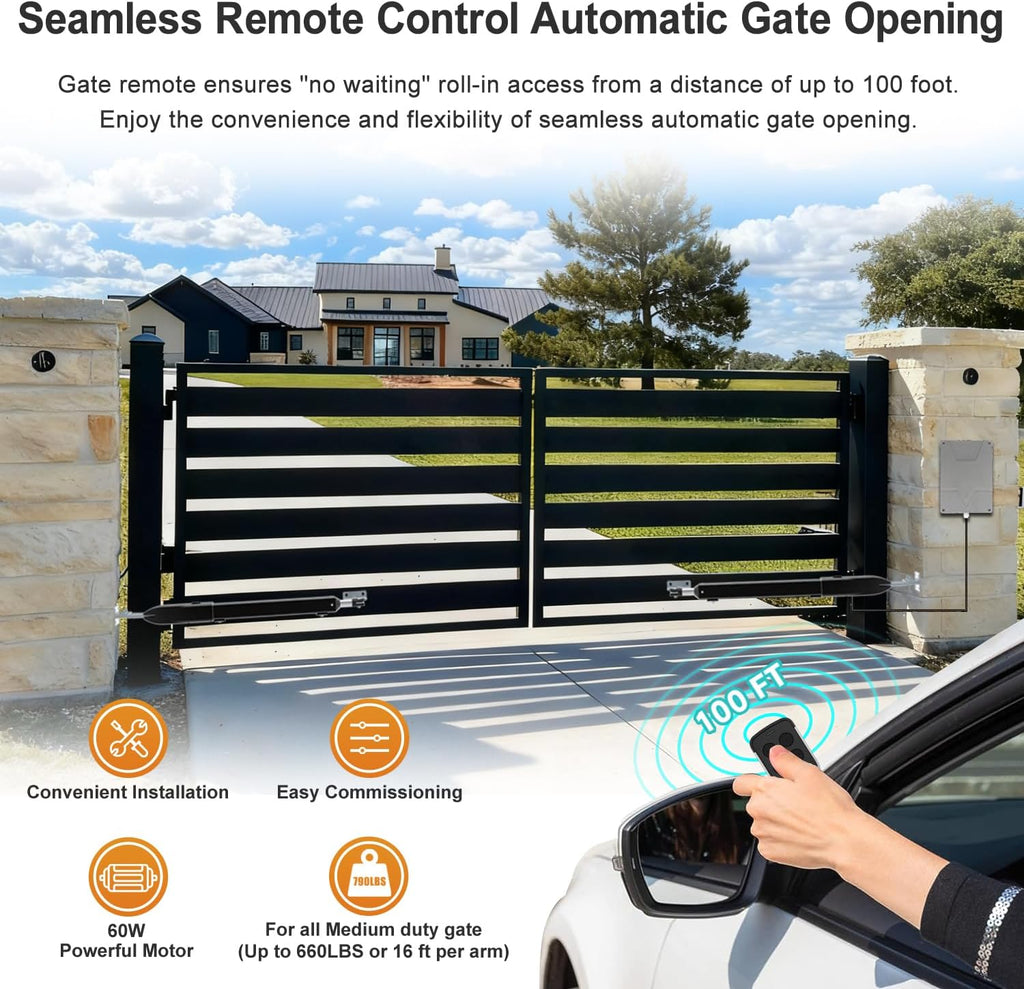 Automatic Dual Gate Opener for Swing Gates up to 660lb*2 16ft, Heavy Duty Electric Opener Kit for Driveway Home Garden, Long-Range Remote Controls Included - Model C025-340