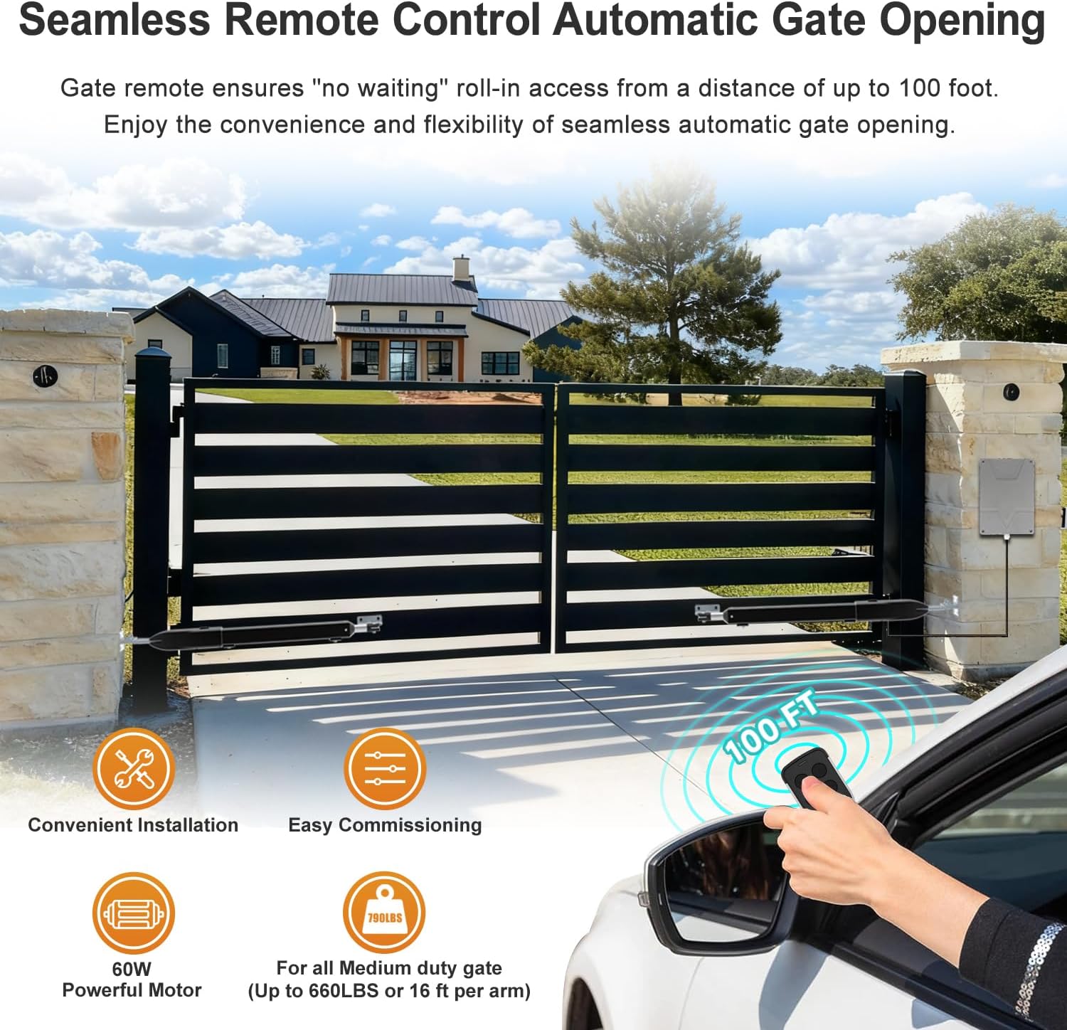 Automatic Dual Gate Opener for Swing Gates up to 660lb*2 16ft, Heavy Duty Electric Opener Kit for Driveway Home Garden, Long-Range Remote Controls Included - Model C025-340