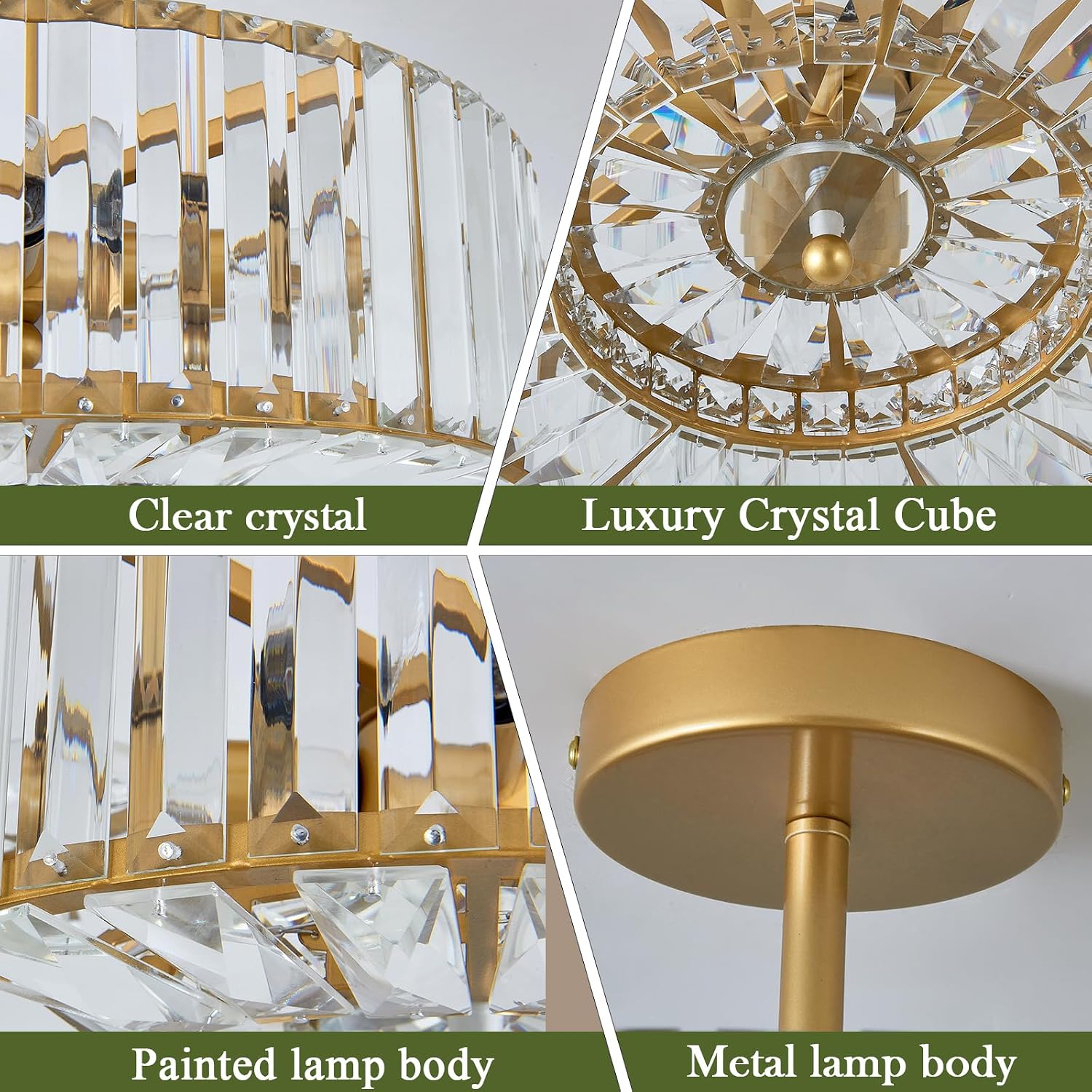 Piepooye 4 Lights Modern Crystal Chandelier Gold Round Semi Flush Mount Ceiling Light Fixture Farmhouse Chandelier for Dining Room Living Room Bedroom Hallway Entryway Kitchen