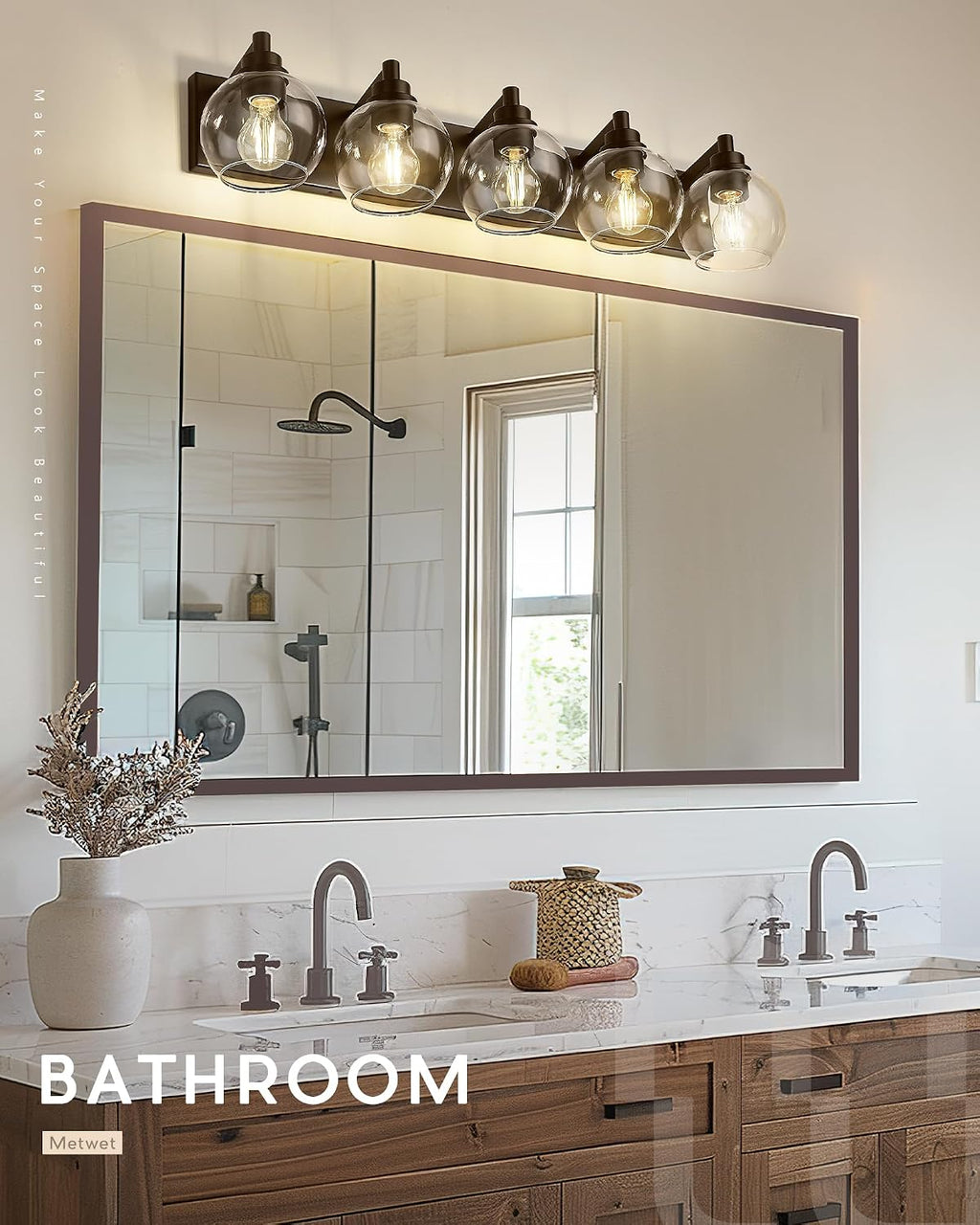 5-Light 32' Bathroom Vanity Light Over Mirror with Globe Glass | Oil Rubbed Bronze Bathroom Light Fixtures with Clear Glass Shade, Modern Sconces Wall Lighting, VL195-ORB-5