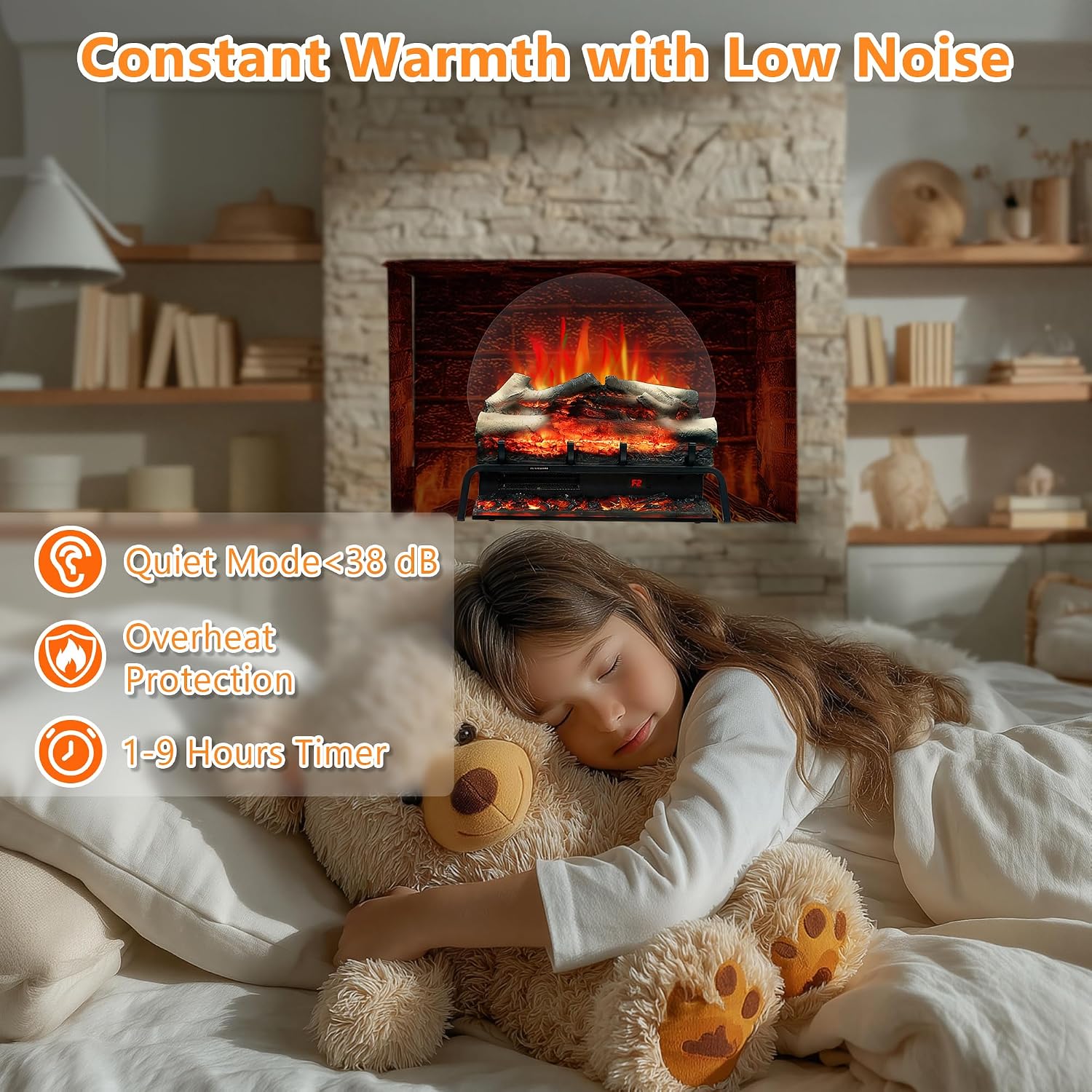 25' Electric Fireplace Log Heater, Freestanding Electric Fireplace Insert Log Set with Remote & App Control, Adjustable Flame Color& Dimer& Speed,Thermostat& Timer,750W/1500W, Black