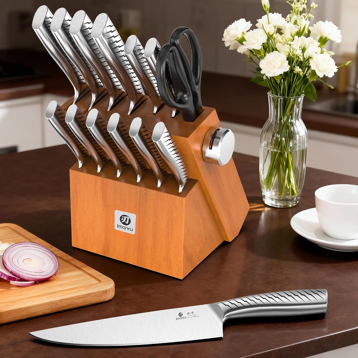 imarku 14-Piece Knife Set with Block, One Set for Meat, Fish, Veggies & Bread, Glides Through Every Cut, High Carbon Stainless Steel with Built-in Sharpener, Dishwasher Safe,Ergonomic Non-Slip Handle