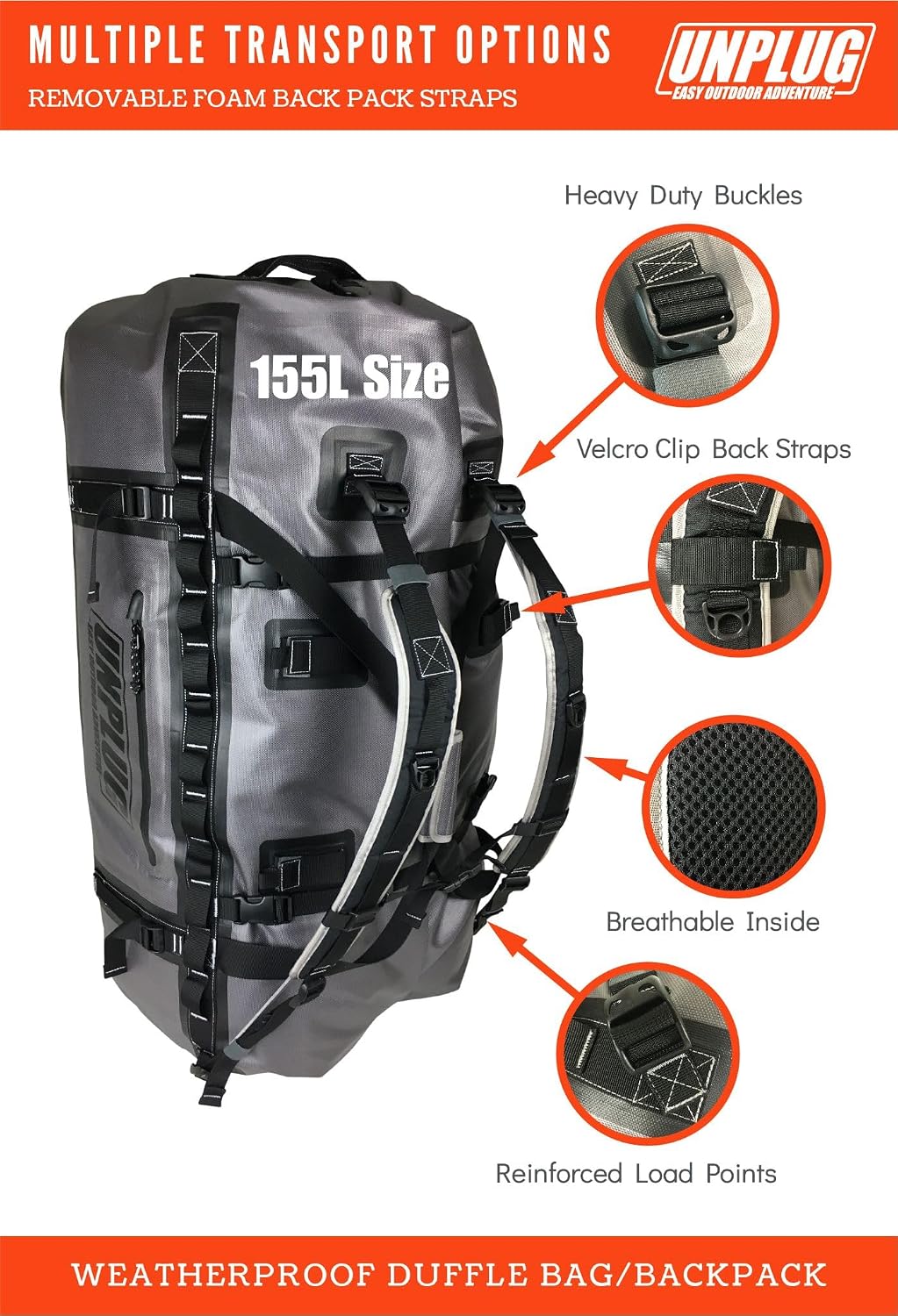UNPLUG Ultimate Adventure | 1680D Heavy Duty Waterproof Bag | Large Travel Bag which can be Used for Camping, Motorcycling, Boating, or Hunting|155L Storm Grey
