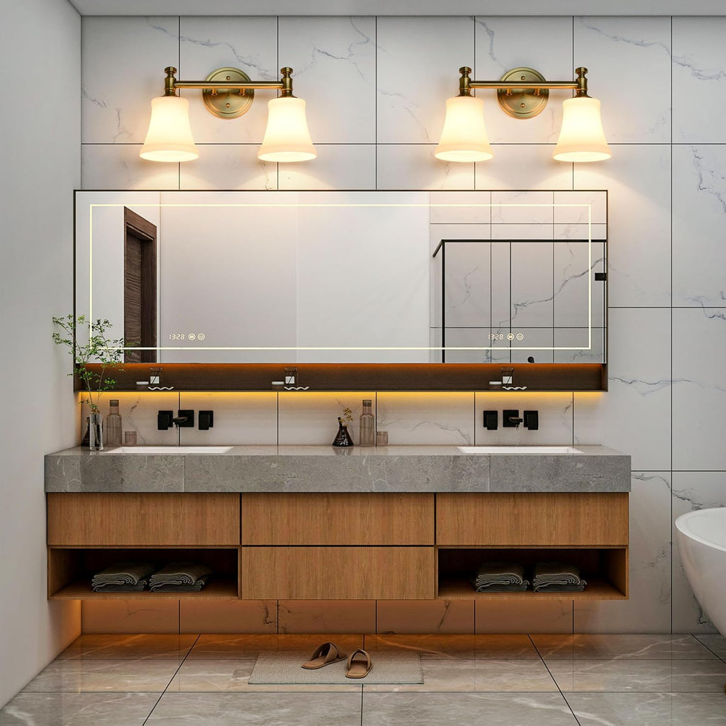 Champagne Bronze Bathroom Vanity Light Fixtures, Traditional Gold 2 Lights Wall Sconce Lighting with Large Opal Glass Shade, Porch Wall Mount Light Fixture for Bathroom, Mirror Cabinets Hallway Stairs