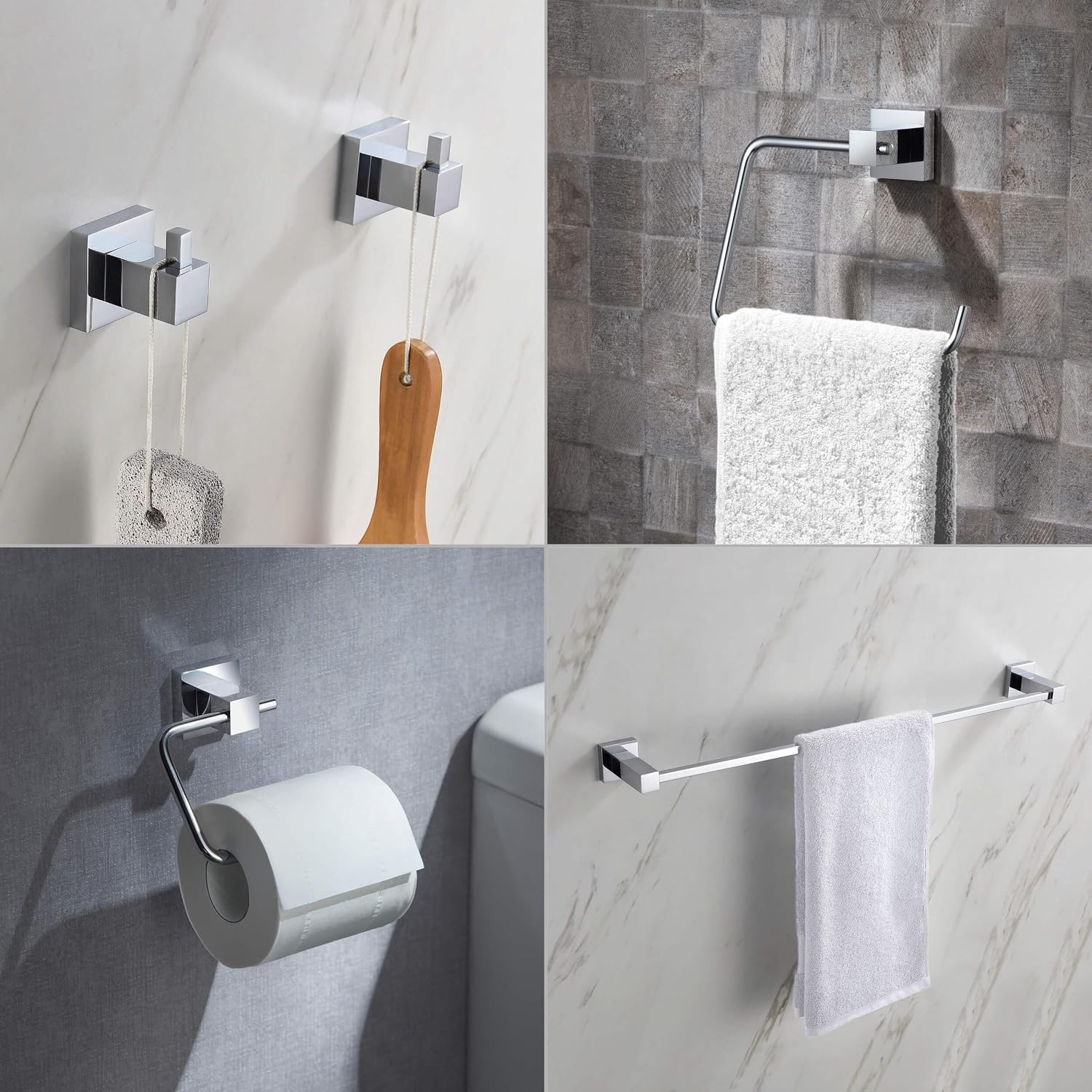 KIBI Cube Bathroom Hardware Set 5 Piece Bathroom Accessories Set | Towel Bar (24'), Towel Ring, Toilet Paper Holder, Robe Hooks (Chrome) (C-KBA15-5-2)