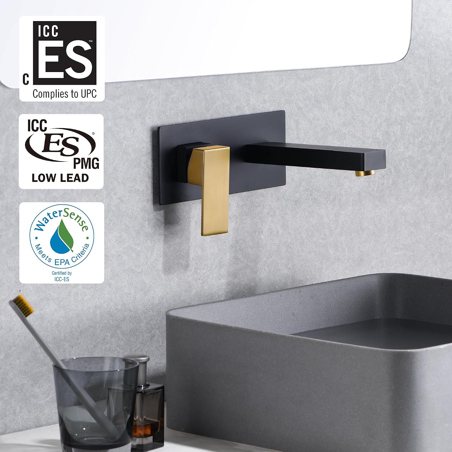 SUMERAIN Wall Mount Bathroom Sink Faucet Black and Gold Finish with Left-Handed Handle and Rough in Valve