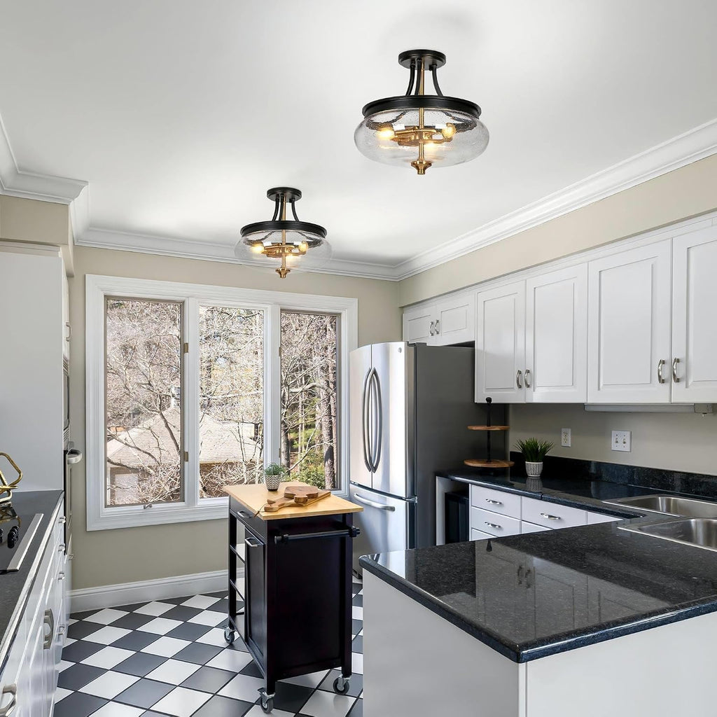 classy leaves Semi Flush Mount Ceiling Light, Black Gold Close to Ceiling Light Fixture 3 Light Modern Farmhouse Ceiling Light with Seeded Glass for Kitchen Bedroom Hallway Entryway