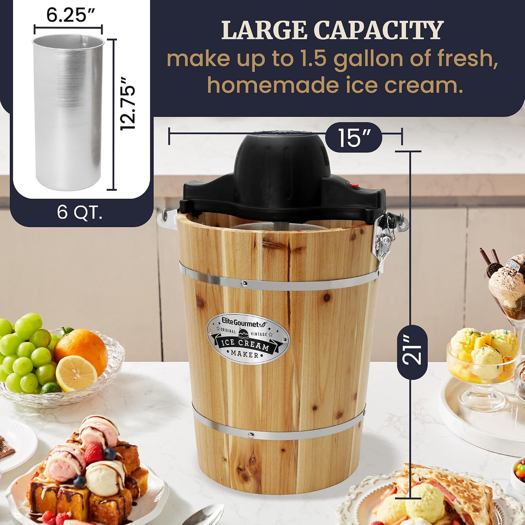 Elite Gourmet EIM916X Old Fashioned 6 Quart Vintage Wood Bucket Electric Ice Cream Maker Machine Appalachian, Bonus Classic Die-Cast Hand Crank for Churning, Uses Ice and Rock Salt