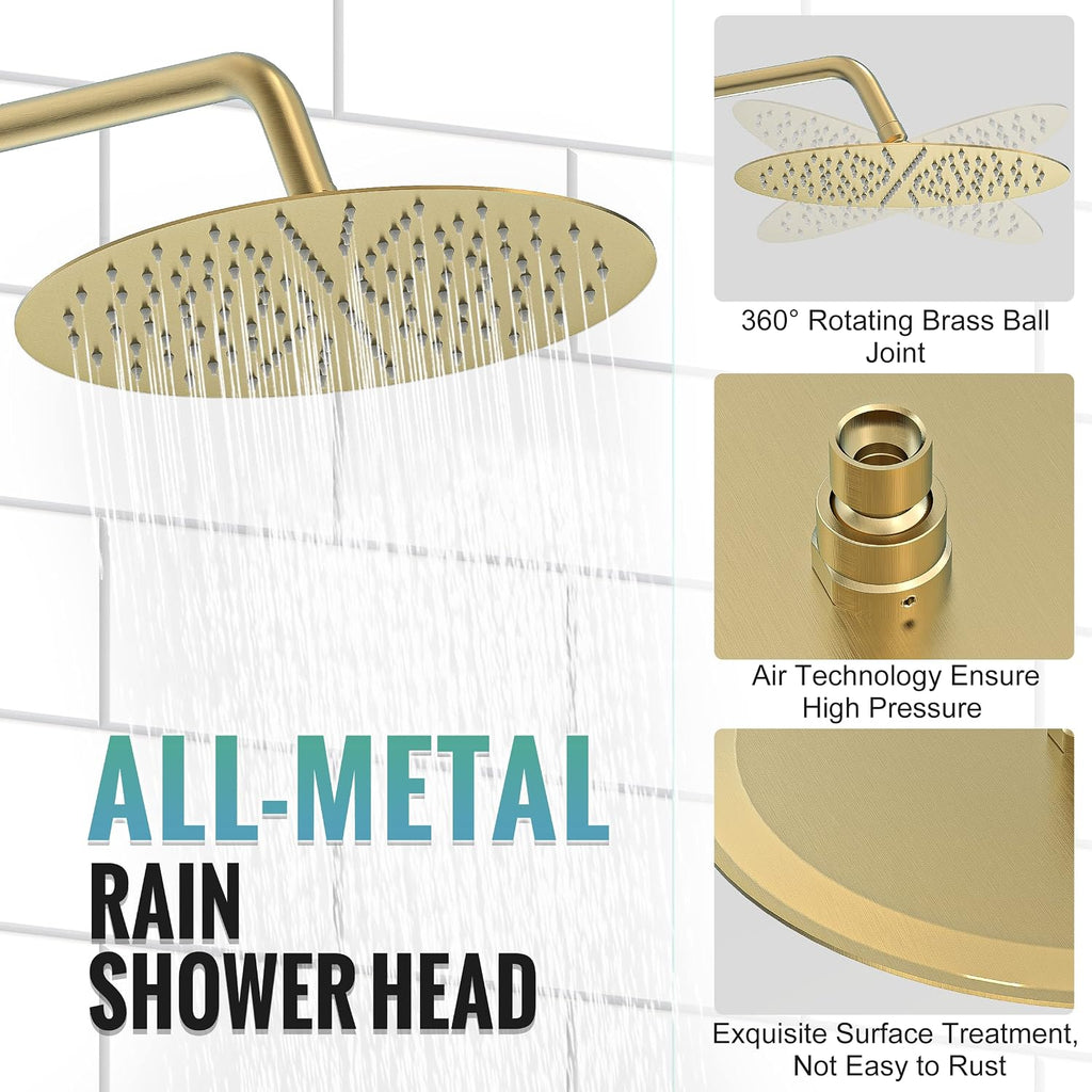 SR SUN RISE Shower Faucet - Multifunctional High Pressure Shower Head System with Handheld Shower Head Fixtures - Valve Included (Brushed Gold, 12 inch)