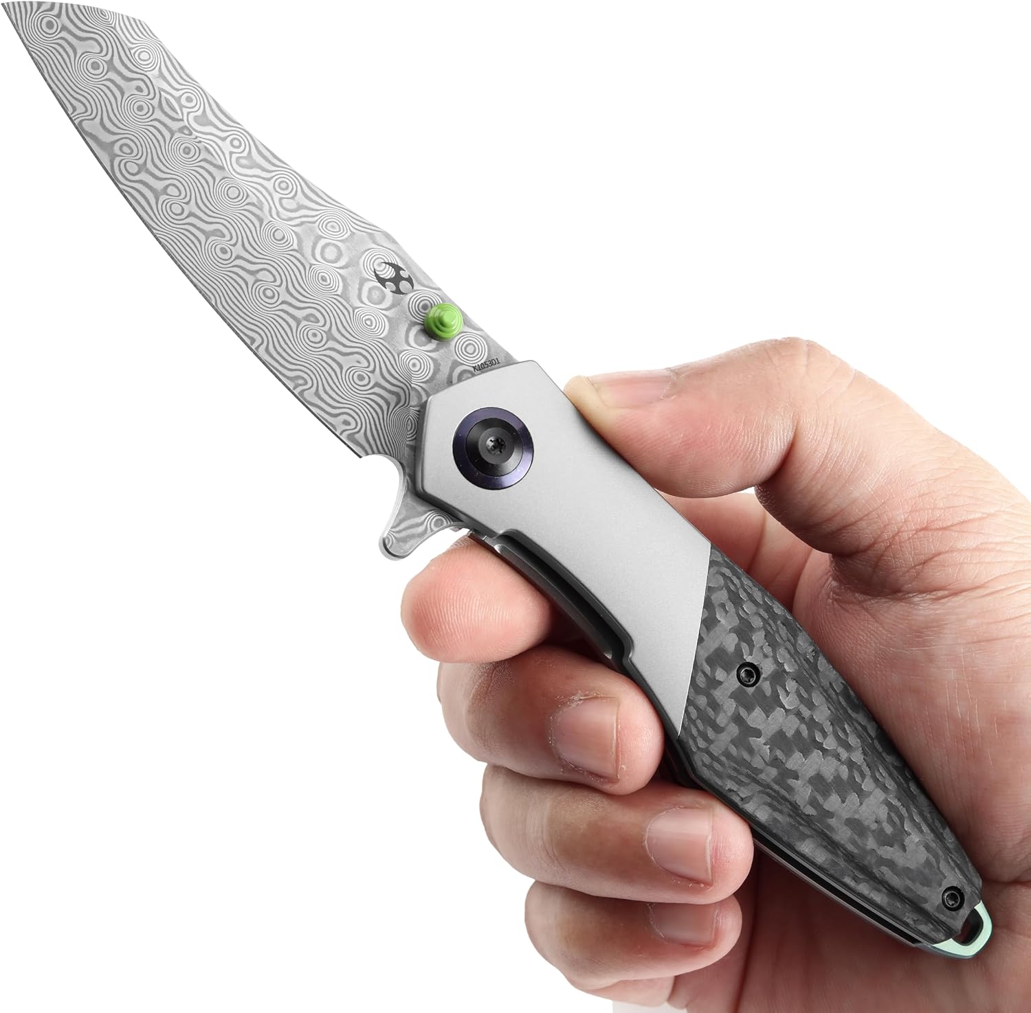 KANSEPT Mistaken Folding Knives for Men EDC Camping Pocket Folding Knife 3.58'' Damascus Blade with Beadblasted Titanium + Twill Carbon Fiber Handle Everyday Carry K1053D1
