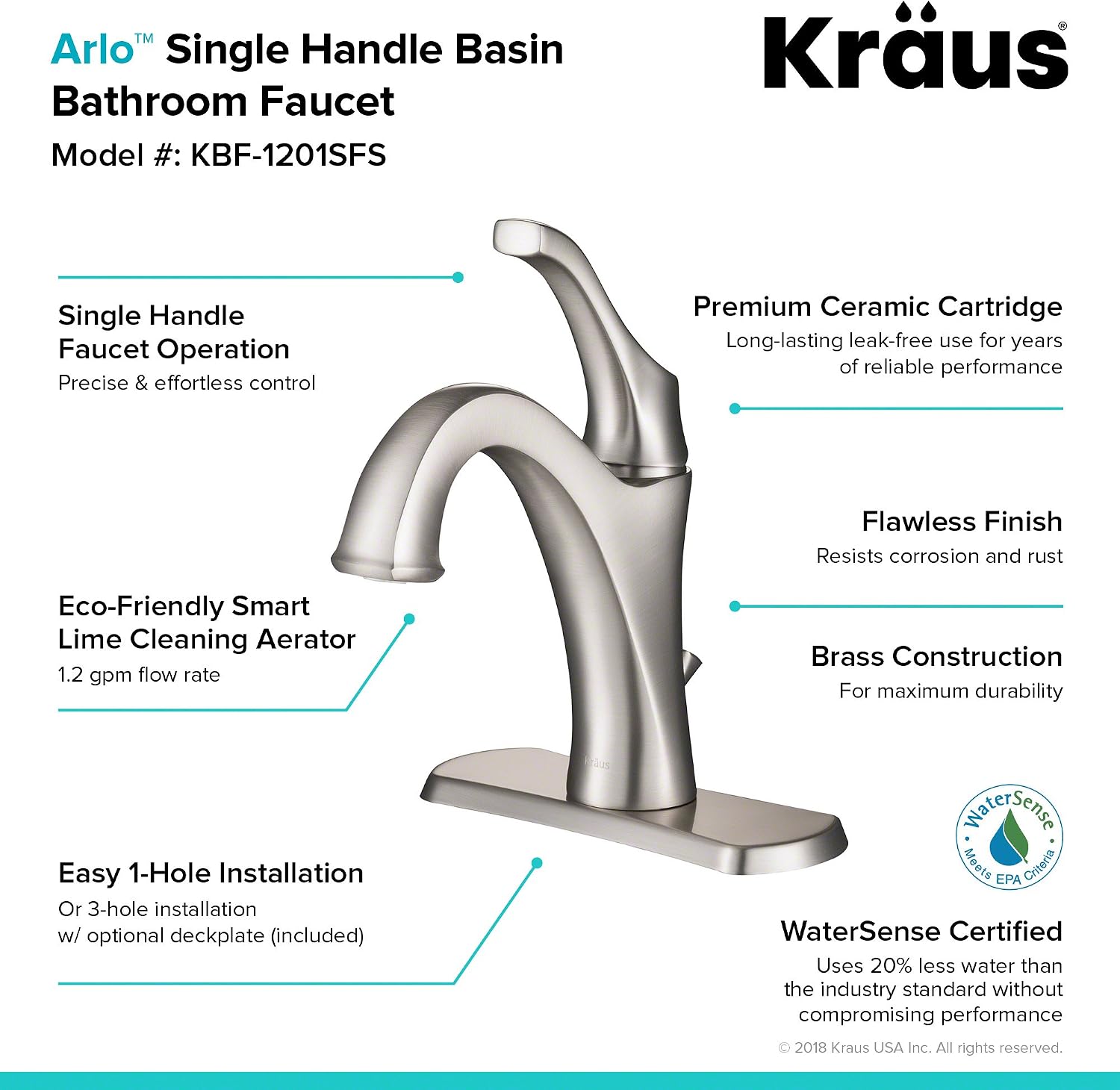 KRAUS KBF-1201SFS Arlo Single Handle Basin Bathroom Faucet with Lift Rod Drain and Deck Plate, Spot-Free All-Brite Stainless Steel (2-Pack)