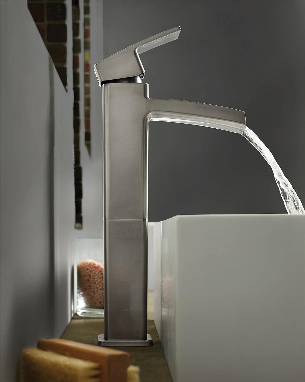 Pfister LG40DF0K Kenzo Single Control Waterfall Vessel Bathroom Faucet in Brushed Nickel, Water-Efficient Model