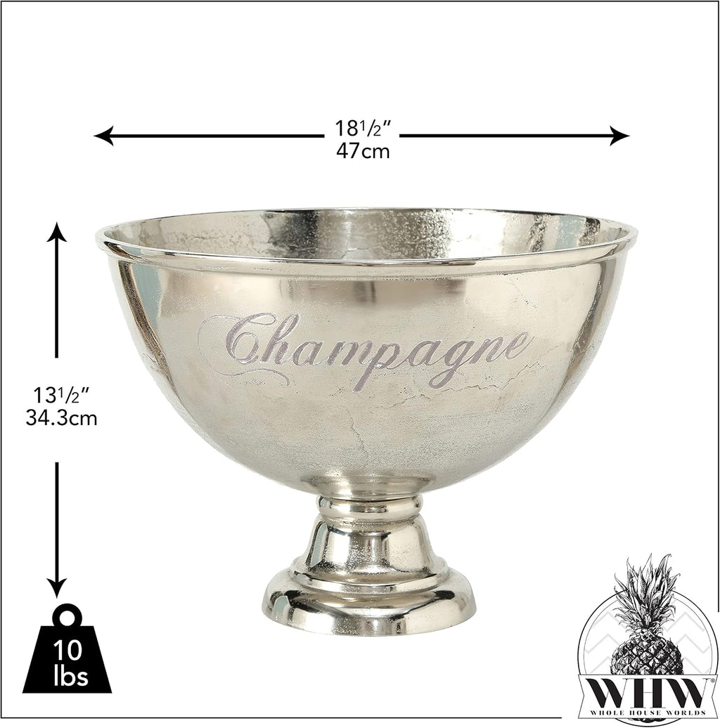 Luxury Champagne Bucket With Old World Panache, Elegant Script Text Details, Hand Cast of Silver Aluminum, Pedestal Base, Party Sized, 18.5 Inches Diameter, 13.5 Inches Tall