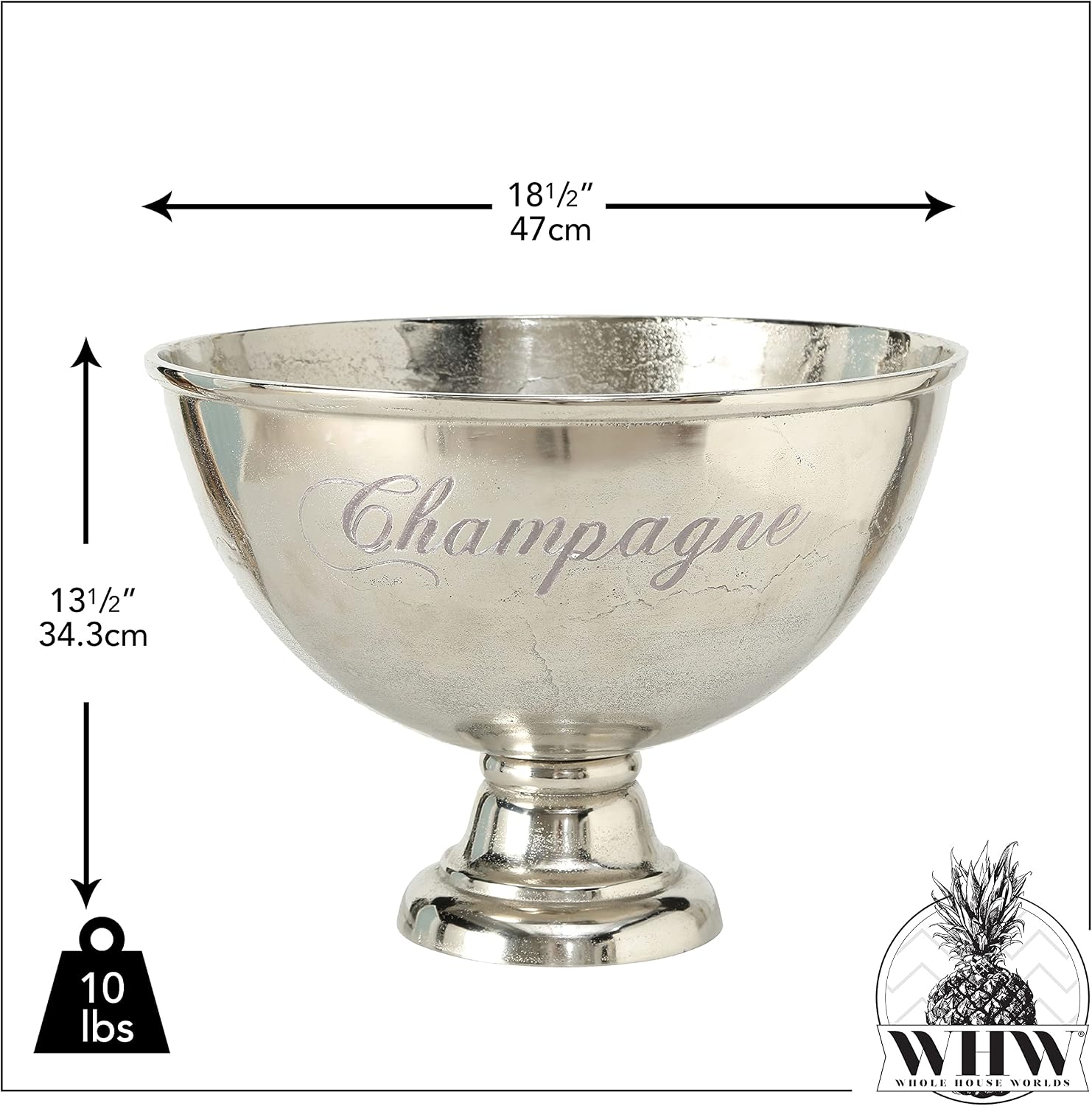 Luxury Champagne Bucket With Old World Panache, Elegant Script Text Details, Hand Cast of Silver Aluminum, Pedestal Base, Party Sized, 18.5 Inches Diameter, 13.5 Inches Tall