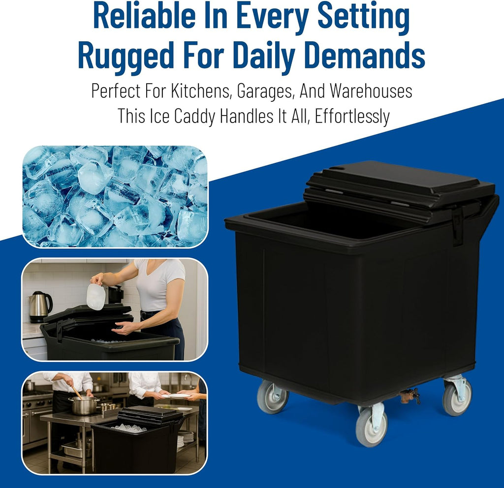 Carlisle FoodService Products Cateraide Tall Ice Caddy, Insulated Ice Carrier with 4 Swivel Casters for Catering, Bar, and Restaurants, Plastic, Holds 125 Pounds, Black