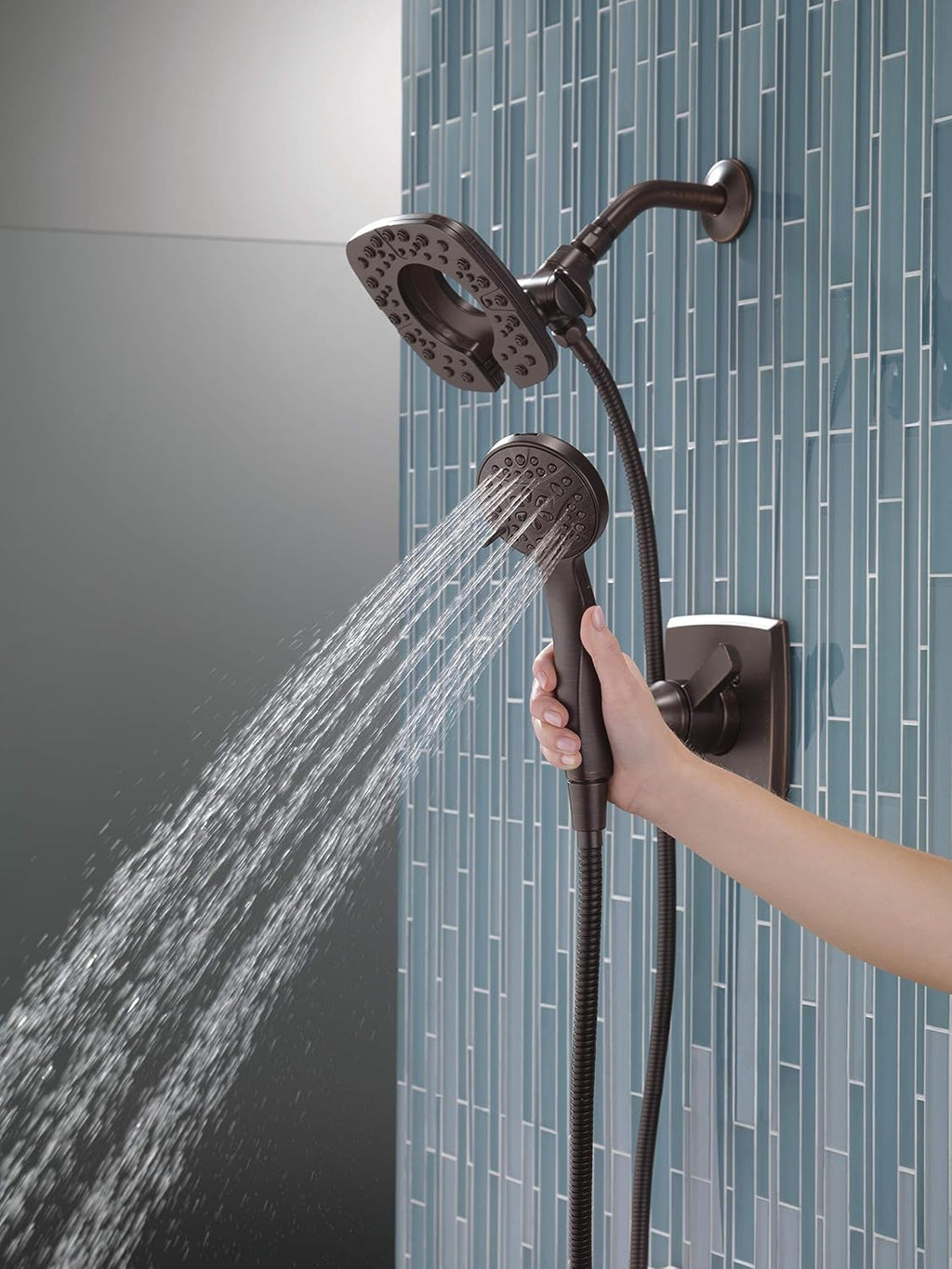 DELTA Ashlyn 17 Series Dual-Function Shower Trim Kit with 2-Spray Touch-Clean In2ition 2-in-1 Hand Held Shower Head with Hose, Venetian Bronze T17264-RB-I (Valve Included)