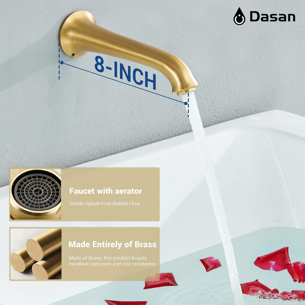 DASAN Brushed Gold Shower System with Tub Spout, Tub and Shower Faucet Combo Set with Valve & Trim Kit Bathtub Shower Faucet Set Bathtub Shower System with Rainfall Shower Head & Handheld, AT309W-BTG