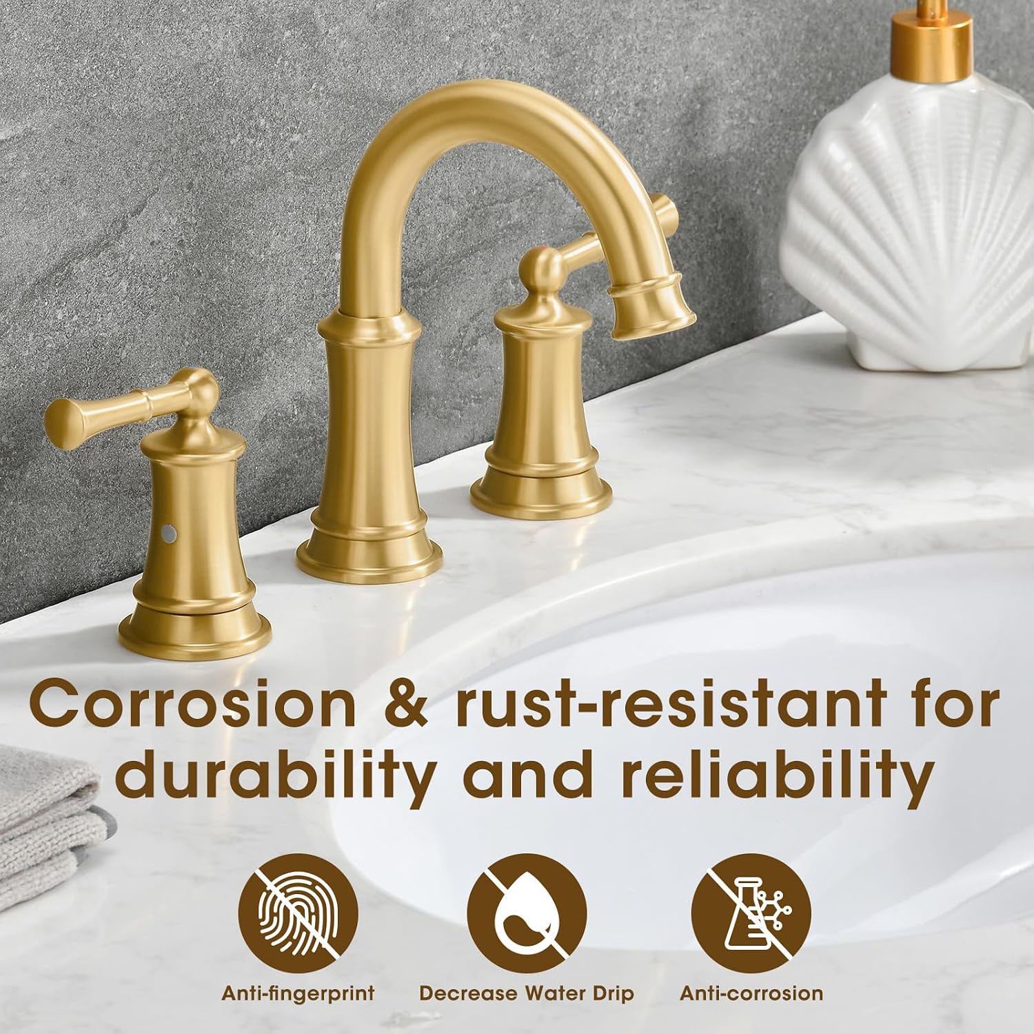 Brushed Gold Bathroom Faucet 8 Inch, Brass Bathroom Faucet, 3 Hole Gold Bathroom Faucet with Pop-Up Drain and 2 Supply Hoses for Vanity, Lavatory, RV Farmhouse (L2304-BG)